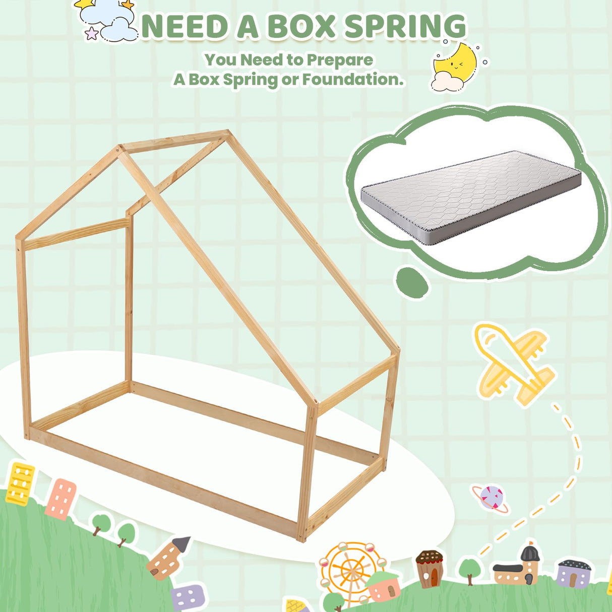 Merax Kids Twin Bed Frame with Rooftop, Montessori Wooden House Design, Sturdy and Easy to Assemble Merax