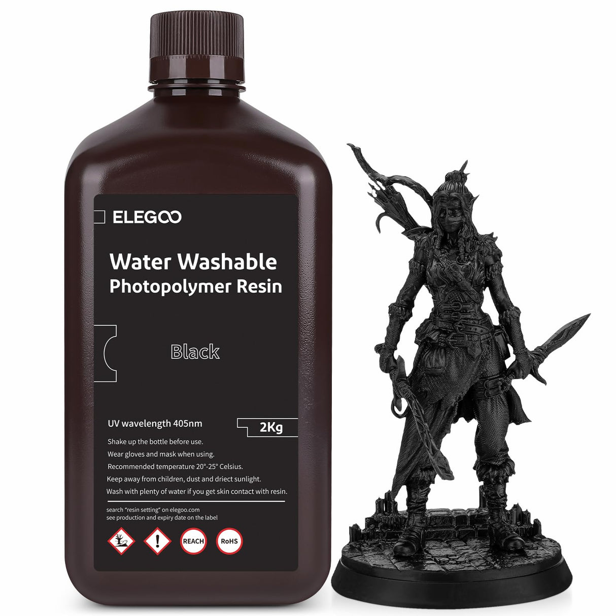 ELEGOO Water Washable 3D Printer Resin, Rapid Resin 405nm LCD UV-Curing Standard Photopolymer Resin for LCD 3D Printer Black 2KG ELEGOO
