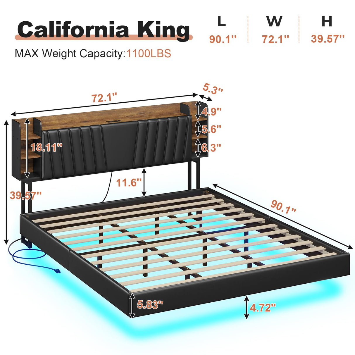 DICTAC California King Floating LED Bed Frame with Storage Headboard and Charging Station in Black and Rustic Finish DICTAC