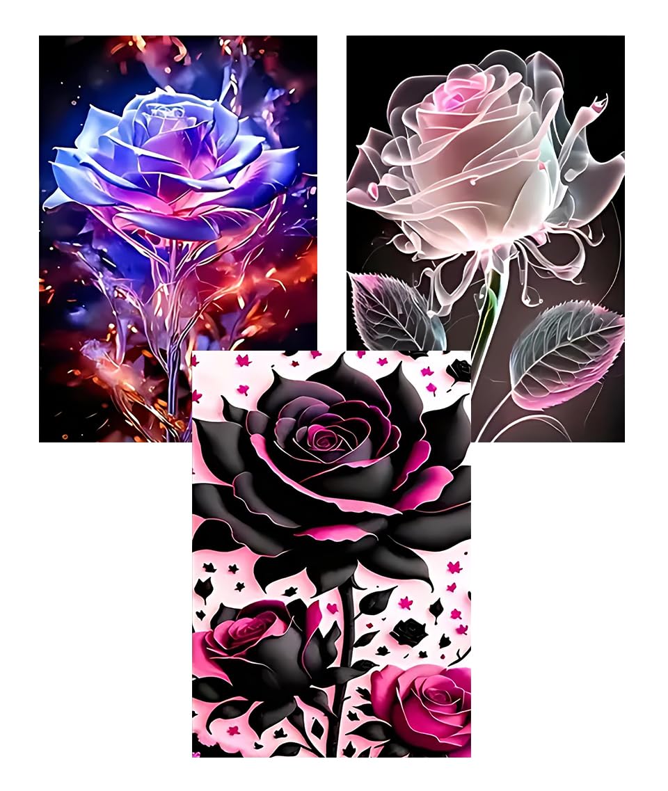 EIBEILI Diamond Art Kits for Adults - 3 Pack Rose Diamond Painting Kits for Adults Beginner,5D Round Full Drill Gem Art DIY Crafts Kits for Gift Home Wall Decor 12x16inch EIBEILI