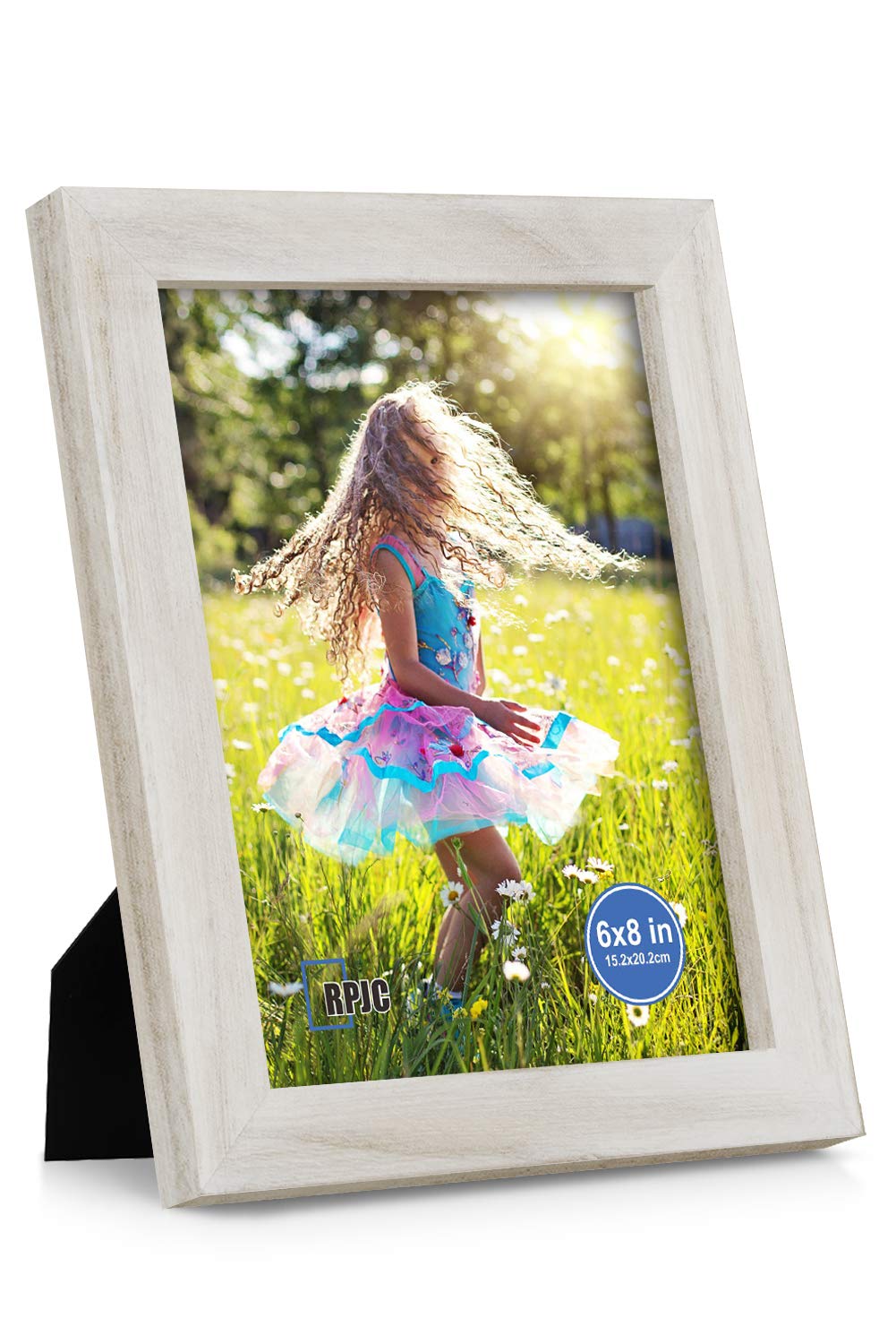 RPJC 6x8 inch Picture Frame Made of Solid Wood and High Definition Glass Display Pictures for Table Top Display and Wall Mounting Photo Frame with Stand Rustic White RPJC
