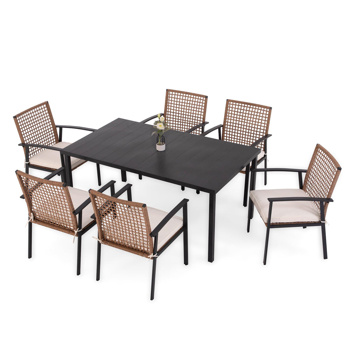 LAUSAINT HOME 7 Pieces Patio Dining Set, Outdoor Furniture Set of 6 Chairs with Soft Cushion and Iron Slats Table Top with Umbrella Hole, Conversation Set for Backyard, Garden and Poolside LAUSAINT HOME