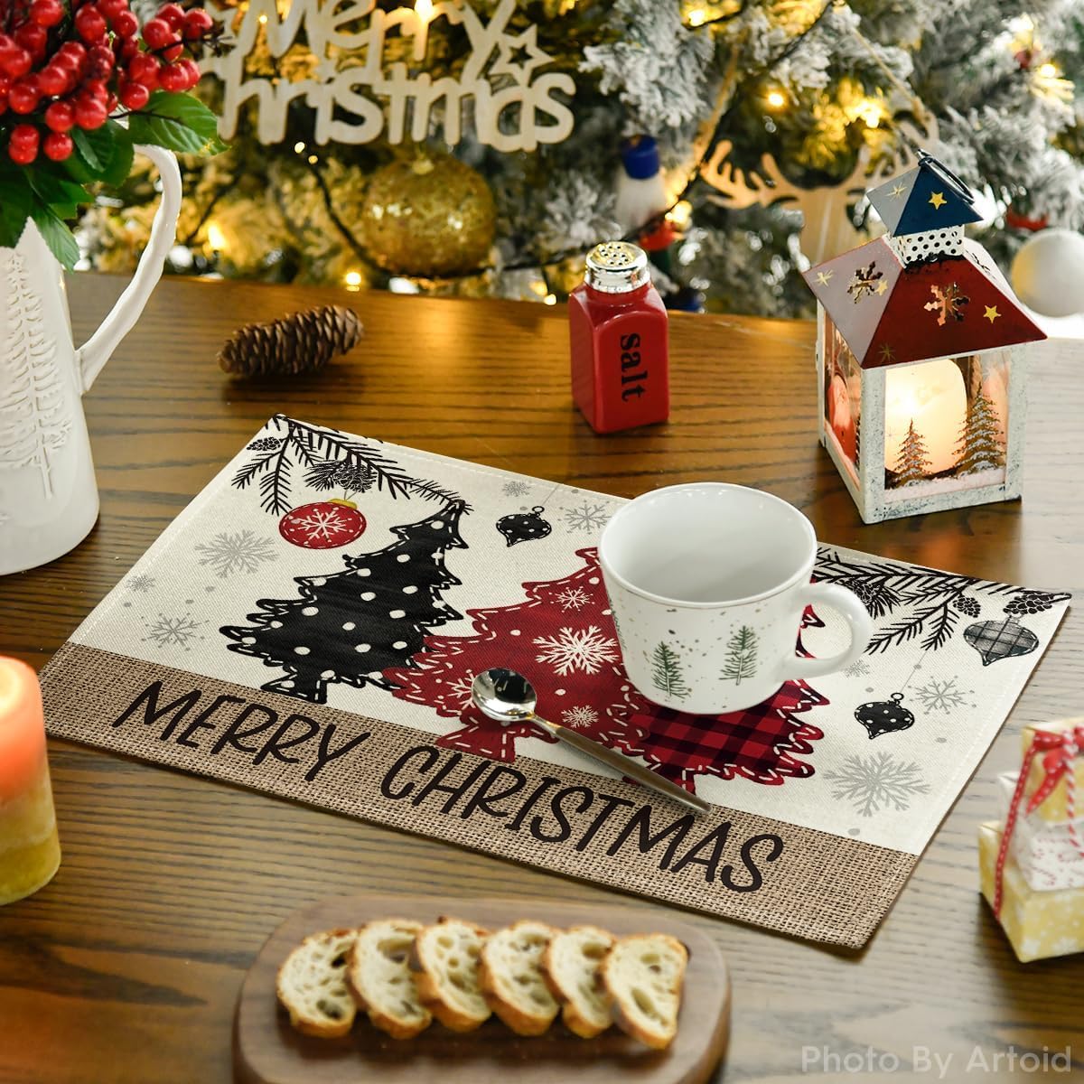Artoid Mode Red Pine Trees Balls Merry Christmas Placemats Set of 4, 12x18 Inch Winter Xmas Table Mats for Party Kitchen Dining Decoration Artoid Mode
