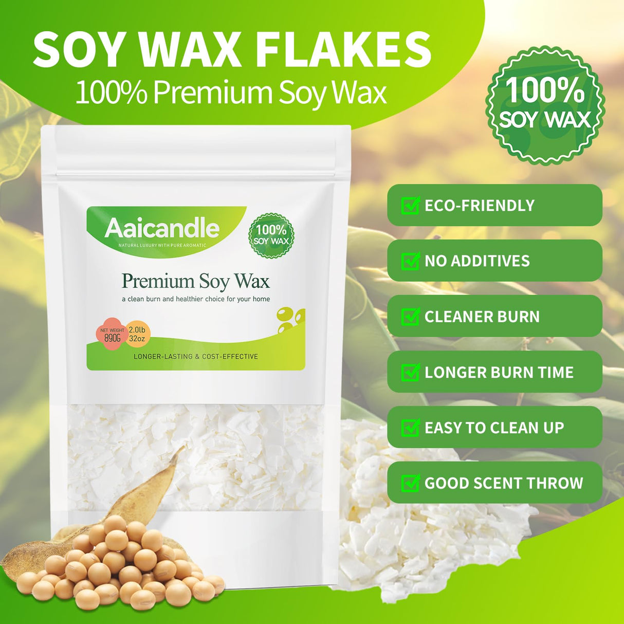 2LB Soy Wax Flakes, Natural Soy for Candle Making, Premium Candles Wax for Handmade Candles Making Supplies No additives Supplies for Container, Cup, Scented, DIY (890G / 32 OZ) Aaicandle