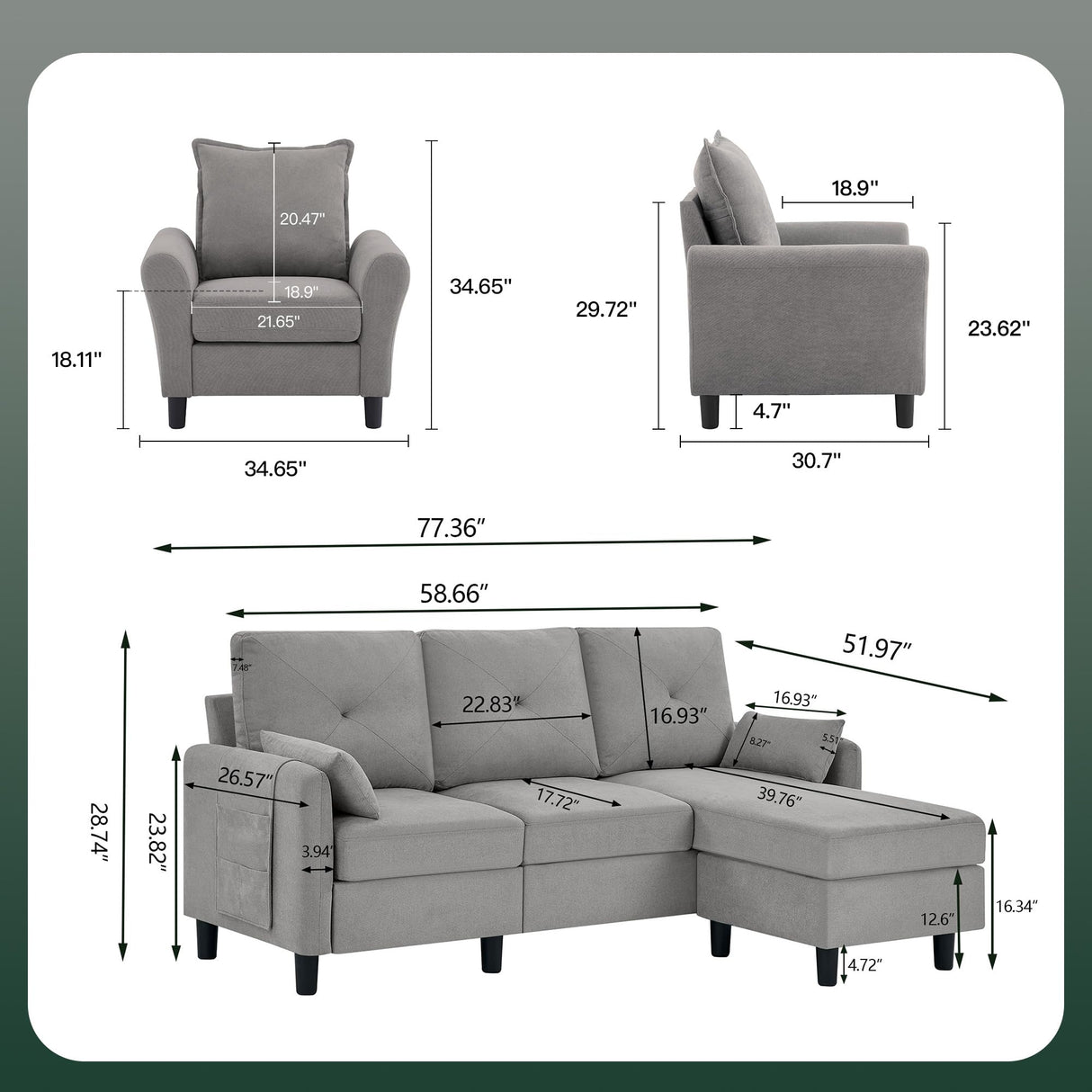 Portaforta Sectional Sofa Set, 77" Convertible Sofa and Accent Chair, Small 3 Seat L Shaped Couch with Storage Ottoman and Side Pockets, Modern Couch for Living Room, Office, Apartment, Light Grey Portaforta