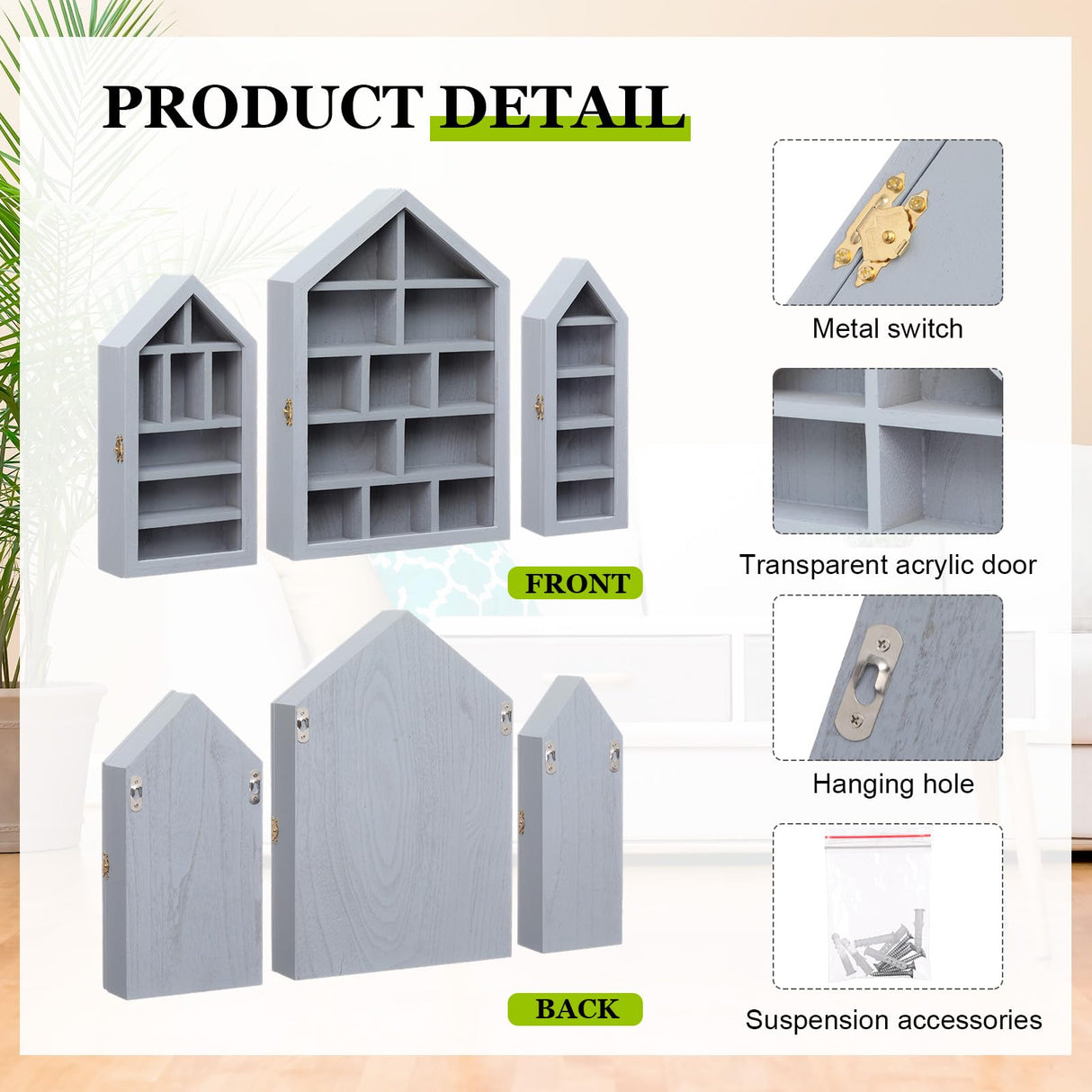 DoubleFill Set of 3 Shadow Cubby Boxes Wooden Display Shelf 10 x 15 Inch Large Wall Mounted Display Storage Shelves for Mini Figures Curio Trinket Medals Crafts Collections (Gray,House Shape) DoubleFill
