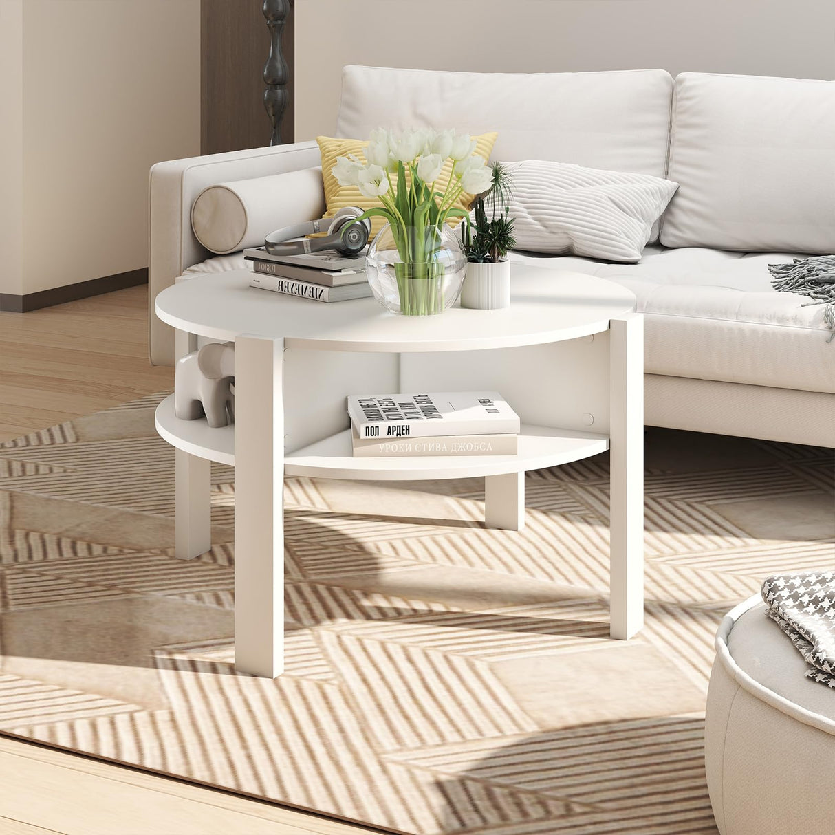 Giantex Round Coffee Table, 2-Tier Mid Century Modern Tea Cocktail Table with Storage Shelves & 4 Side Compartments, Wood Center Table for Living Room, Small Spaces (White) Giantex