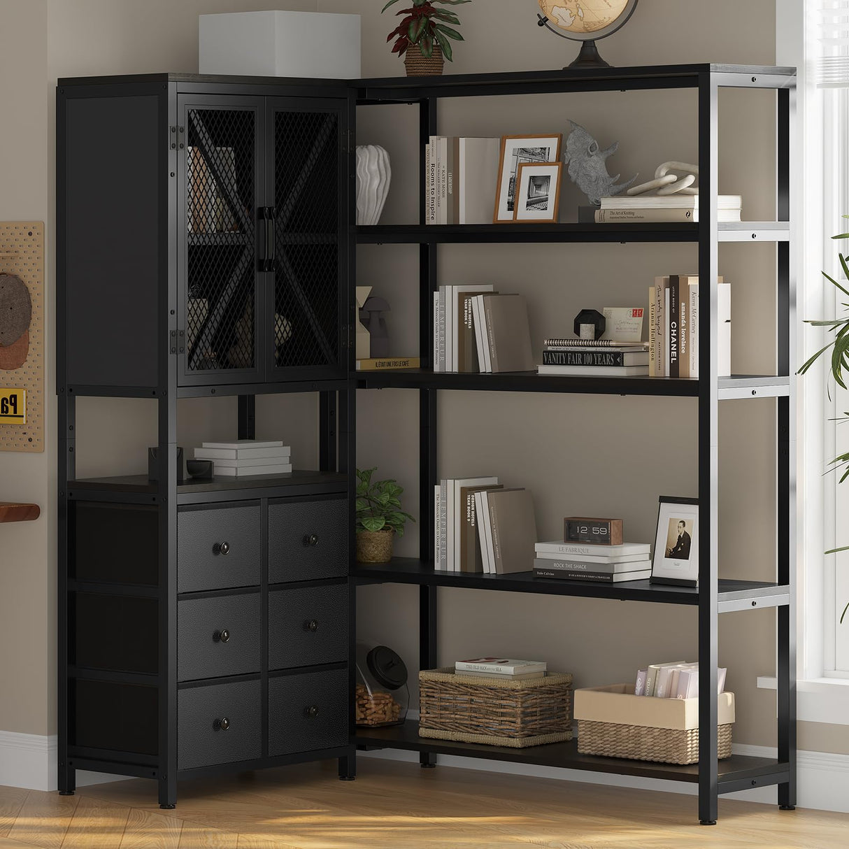 HAUOMS Corner Bookshelf, 5 Tier Industrial Convertible Bookshelf with 6 Fabric Drawers, Corner Bookcase Large L Shaped Storage Display Shelf for Home Office, Living Room, Kitchen, Black HAUOMS