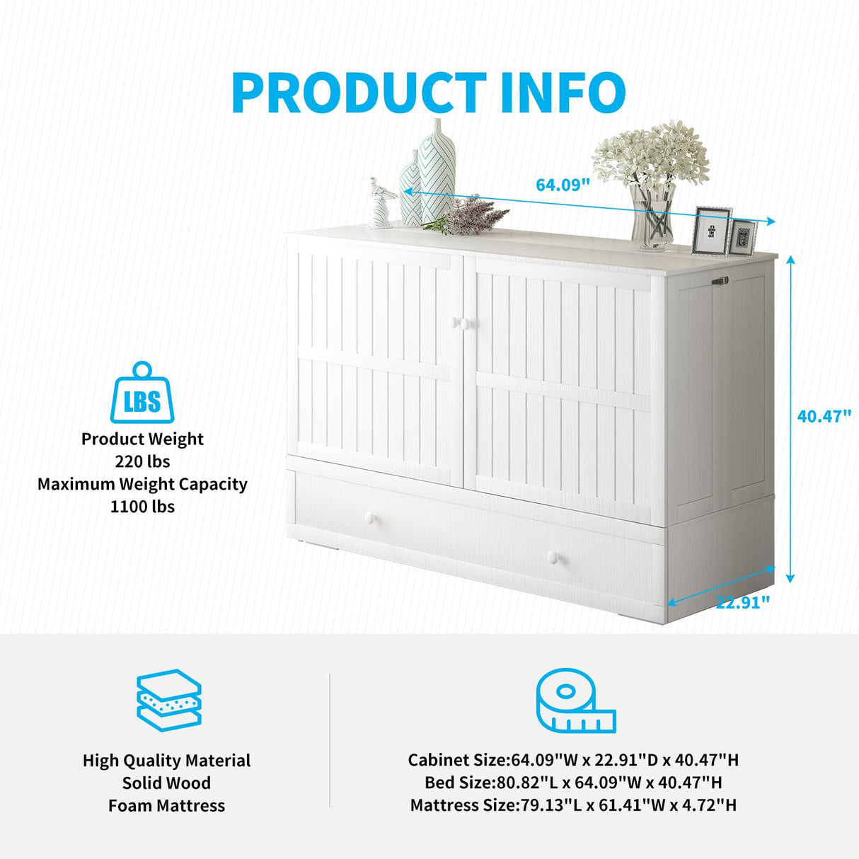Mjkone Murphy Bed Cabinet, Queen Murphy Bed with Tri-Fold Mattress and USB Charging Station, Space-Saving Cube Beds with 2 Large Drawers for Living Room Guest Room Bedroom -White Mjkone