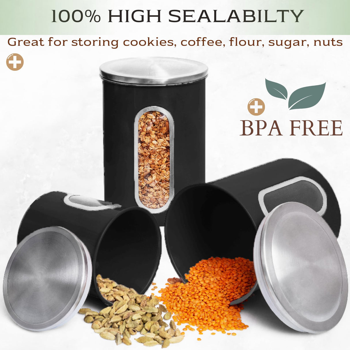 Moss & Stone 3 Piece Black Canisters Sets For The Kitchen, Airtight Canister Set With See Through Window, Airtight Coffee Container, Tea Organizer & Sugar Canisters, Black Kitchen Canisters Set of 3 Moss & Stone