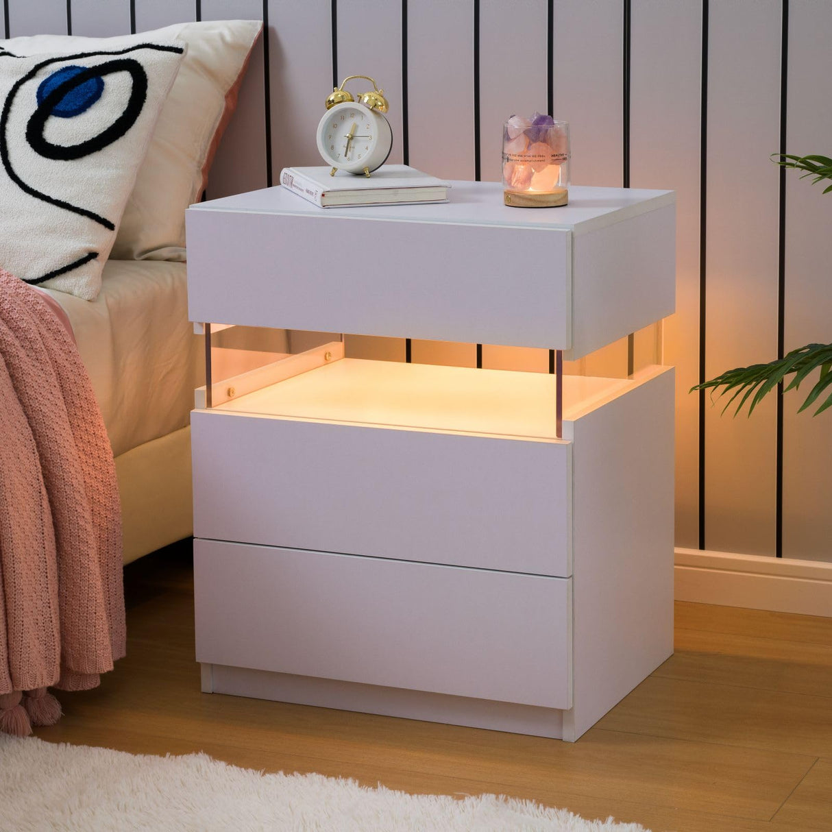 i-aplus Night Stand set 2 LED Night Stand for Bedroom Modern LED Bedside Table with 3 Drawers End Side Table i-aplus