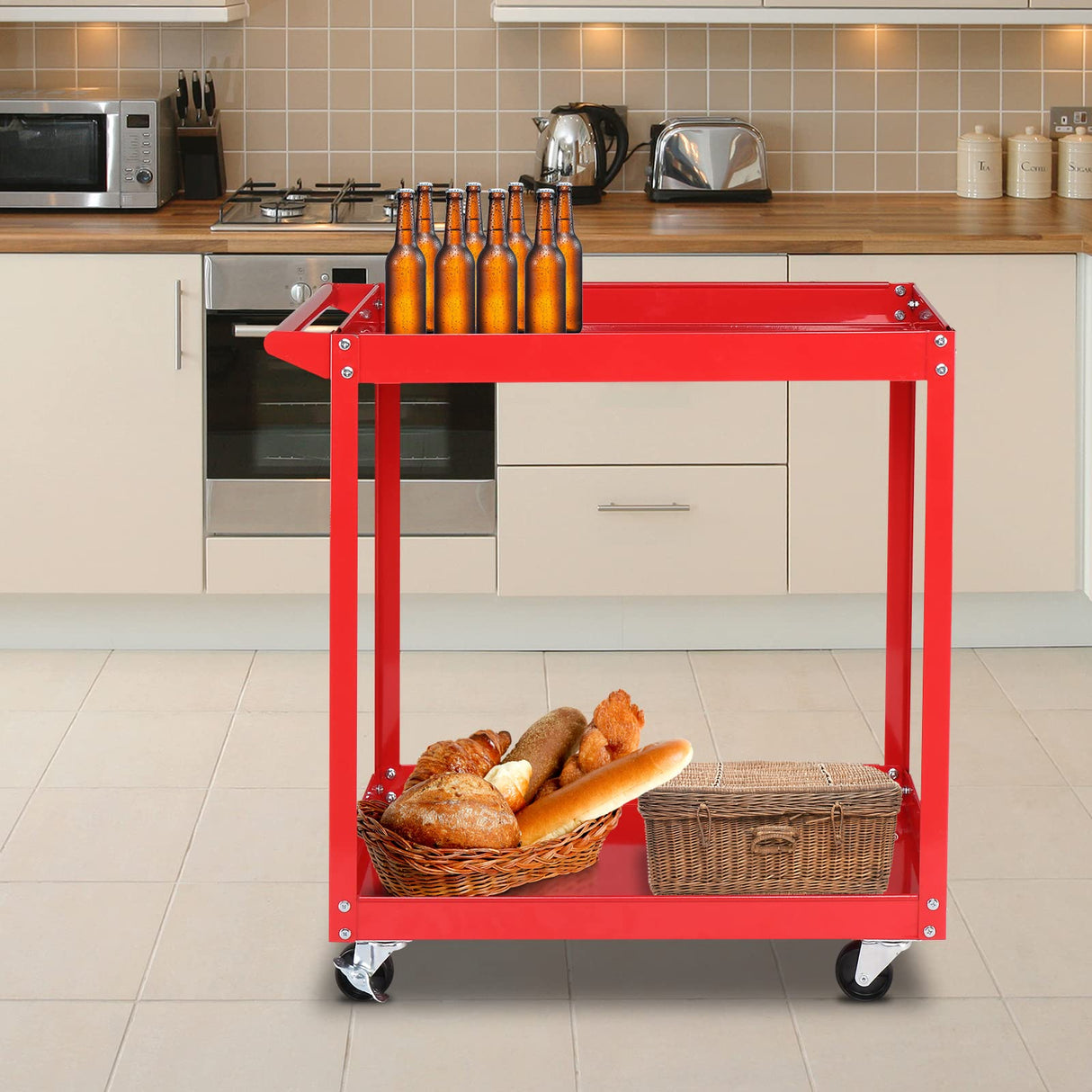 TUFFIOM 2 Tier Rolling Tool Cart, 220 LBS Capacity Industrial Service Cart w/Wheels, 2 Shelf Steel Utility Cart, Tool Storage Organizer for Mechanic, Garage, Workshop, Warehouse & Repair Shop, Red TUFFIOM
