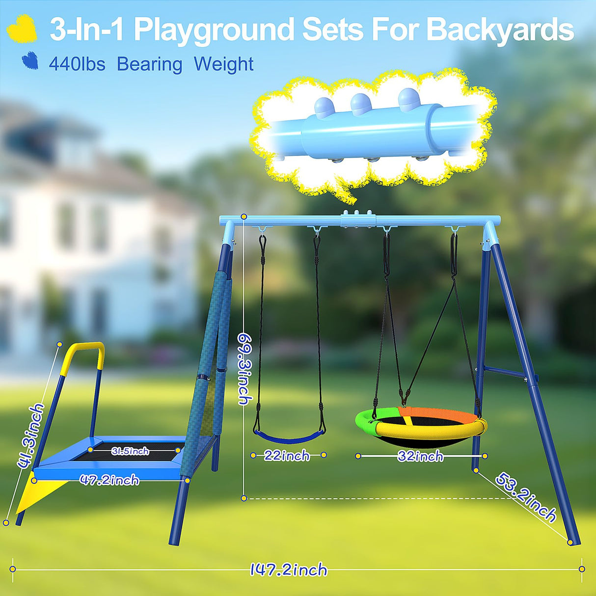 440lbs Kids Swing Set, 3-in-1 Outdoor Playground with Saucer Swing, Belt Seat & 4ft Trampoline, Heavy Duty A-Frame Metal Stand & Safety Stakes, Backyard Playset for Toddlers 3-8 Years Old JYGOPLA