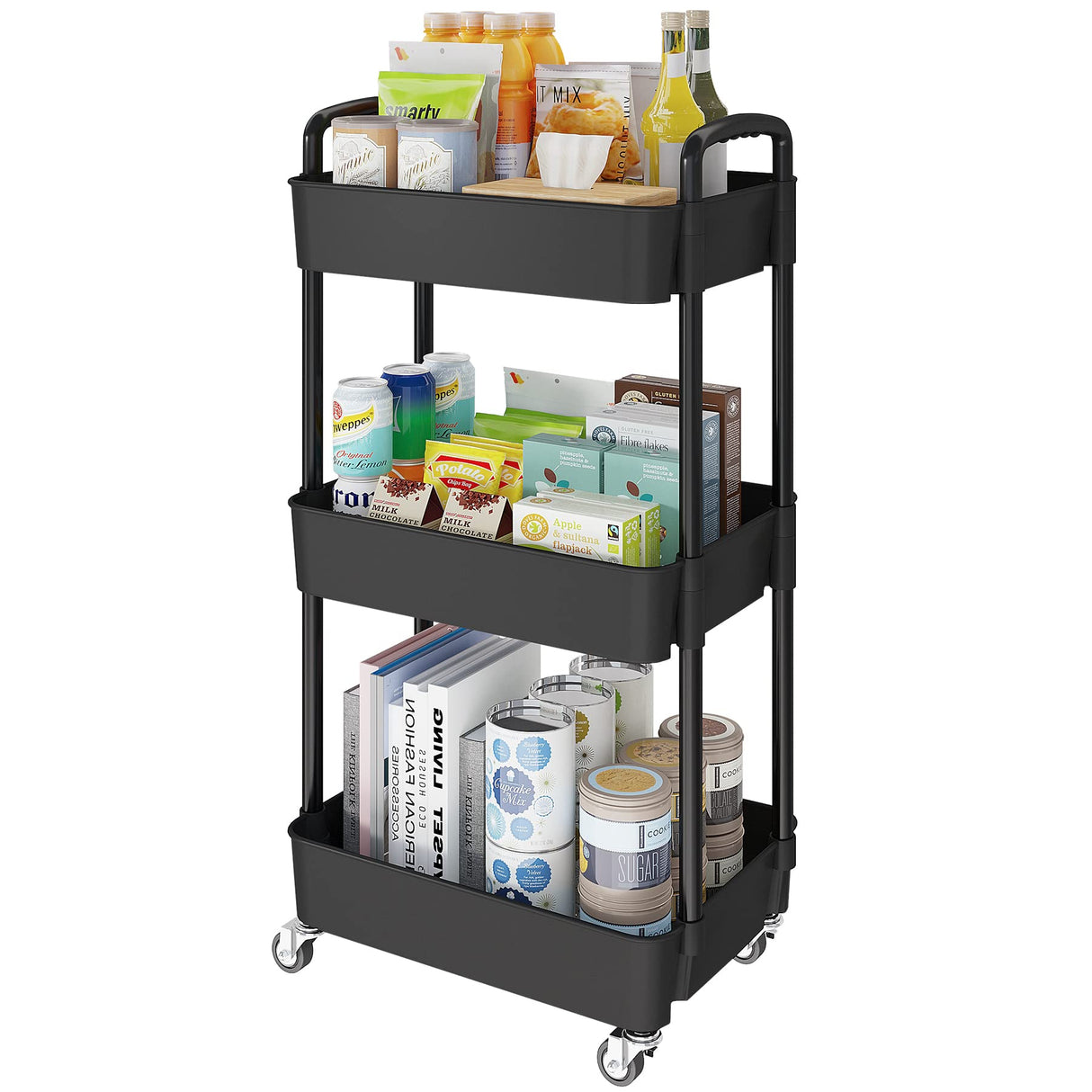 Laiensia 3-Tier Kitchen Storage Cart,Multifunction Utility Rolling Storage Organizer,Mobile Shelving Unit Cart with Lockable Wheels for Bathroom,Laundry,Living Room,With Classified Stickers,Black Laiensia