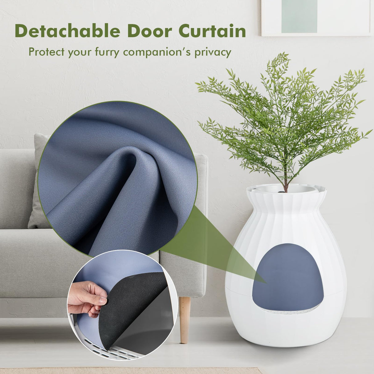 PETSITE White Plant Litter Box, Cat Hidden Litter Box Enclosure with Artificial Plant, Advanced Odor Removal System, Detachable Door Curtain, Cat Litter Scoop, Large Planter Litter Box PETSITE