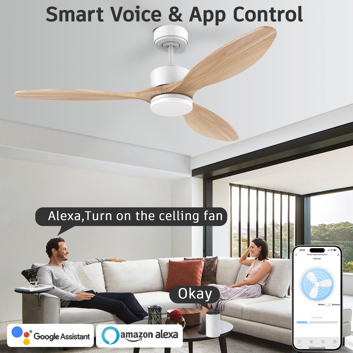 52” Wood Smart Ceiling Fans with Lights Remote,Quiet DC Motor,Outdoor Indoor Ceiling Fan Work with Alexa Google Voice App,Dimmable LED Light,6-Speed,Modern Farmhouse Ceiling Fans for Bedroom Patio cumilo
