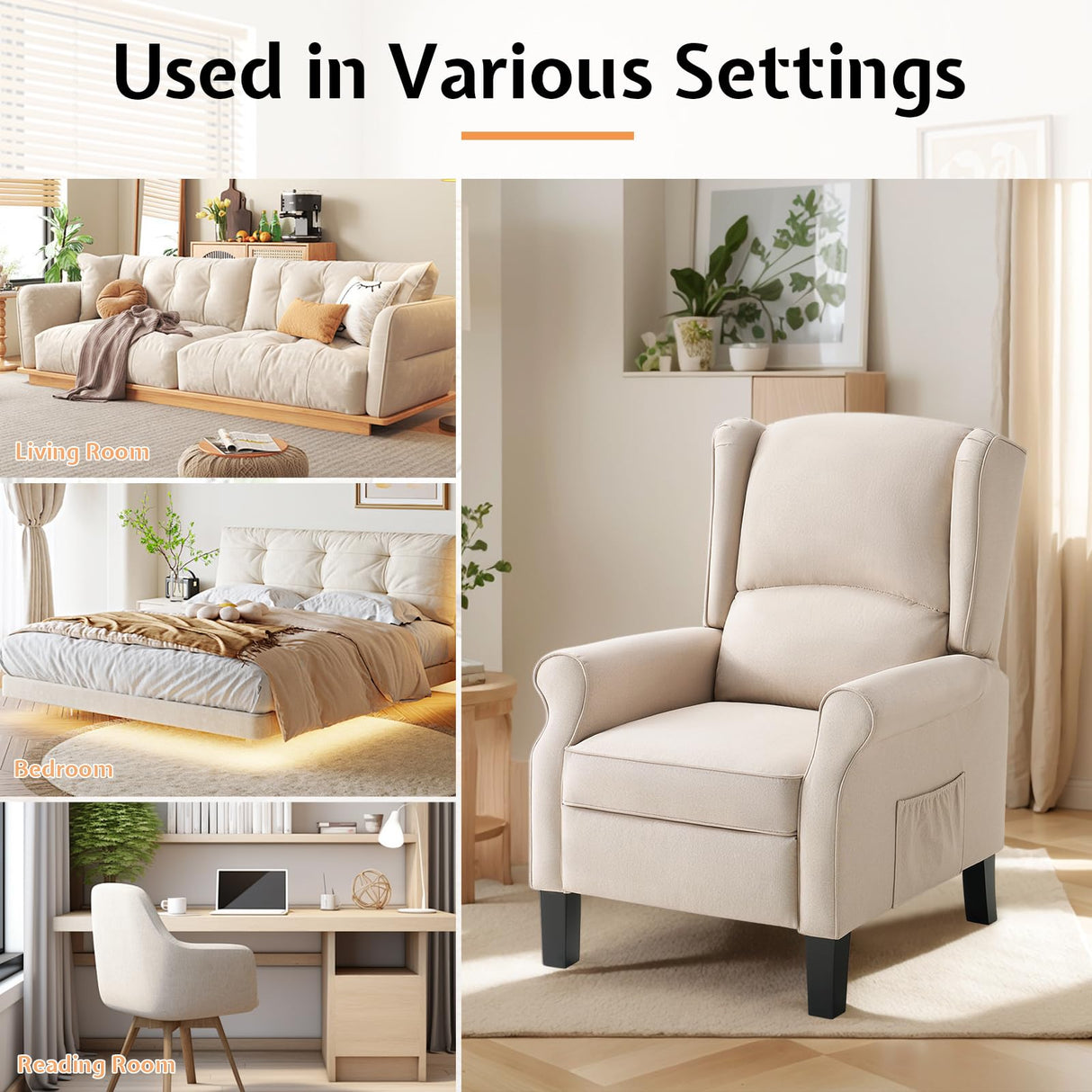 Jocisland Pushback Recliner Chair, Modern Fabric Wingback Armchair with Storage Pockets and Wood Legs, Classic Living Room Single Sofa for Small Spaces, Linen, Beige Jocisland