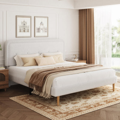 viplov King Size Boucle Bed Frame, Upholstered Platform Bed Frame with Adjustable Headboard, Anti-Collision Soft Rounded Corners, No Box Spring Needed, Easy Assembly, Noise Free, White