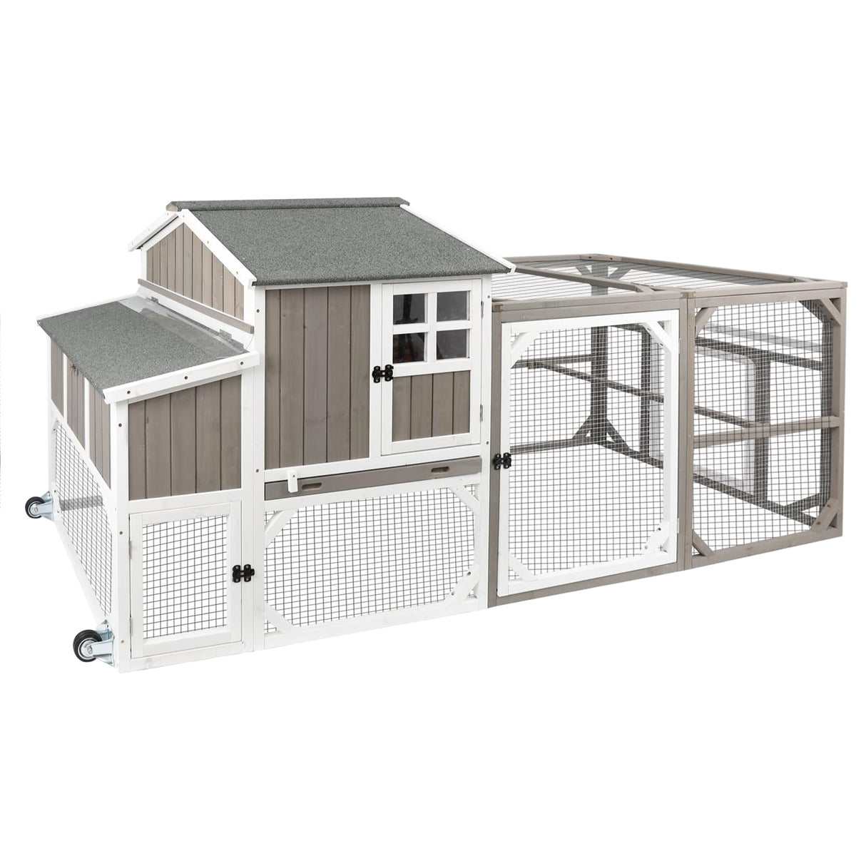 Gowoodhut Chicken Coop Mobile Wooden Hen House with Nesting Box,95.3" L Outdoor Chicken House with Wheels and Removable Tray,Fir Wood Chicken Tractor with 6 Ventilation Door and Ramp-Grey Gowoodhut