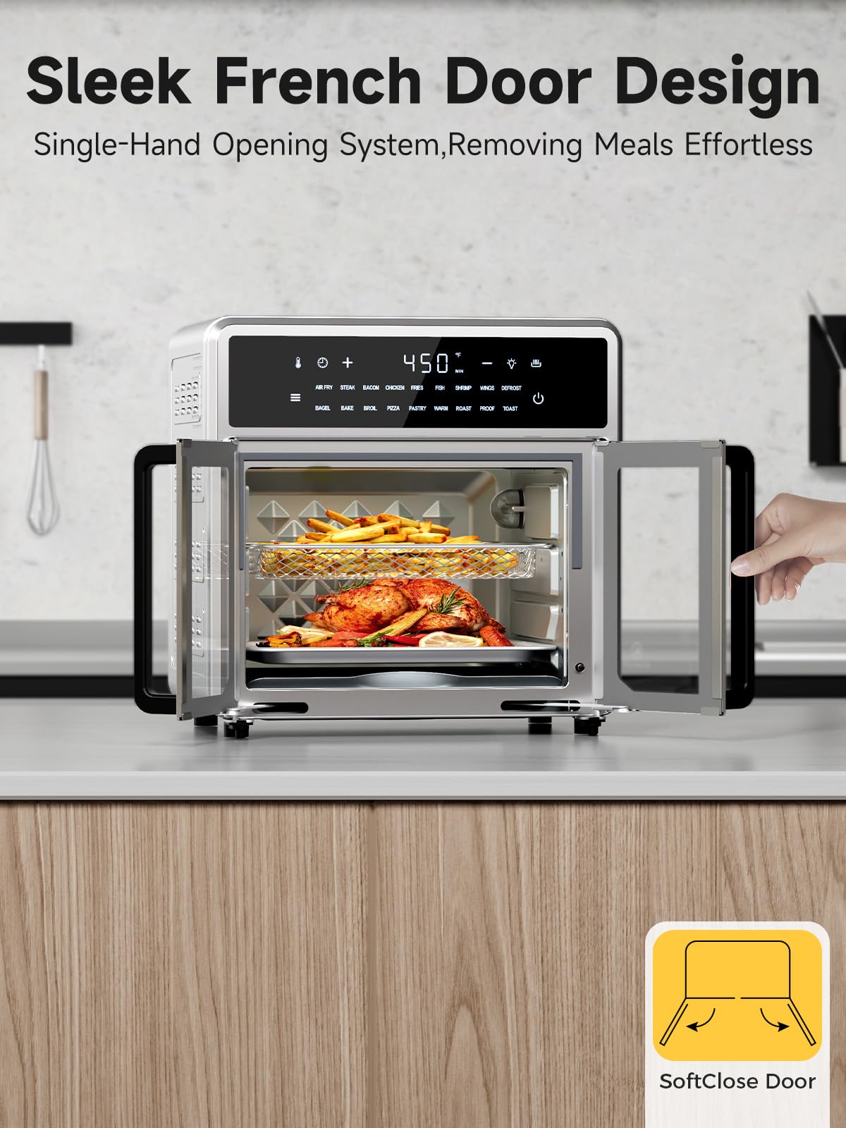 Kitchen Elite Air Fryer French Door Oven,15.8 Qt Toaster Oven Countertop Combo,18 Presets & 1 Preheat & Light, Airfryer Basket,Wire Rack,Baking Pan,Crumb Tray,Compact Design,Stainless Steel,Small Kitchen Elite