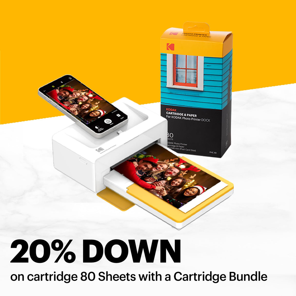 KODAK Dock Plus 4PASS Instant Photo Printer (4x6 inches) + 90 Sheets Bundle (10 Initial Sheets + 80 Sheet Pack) KODAK