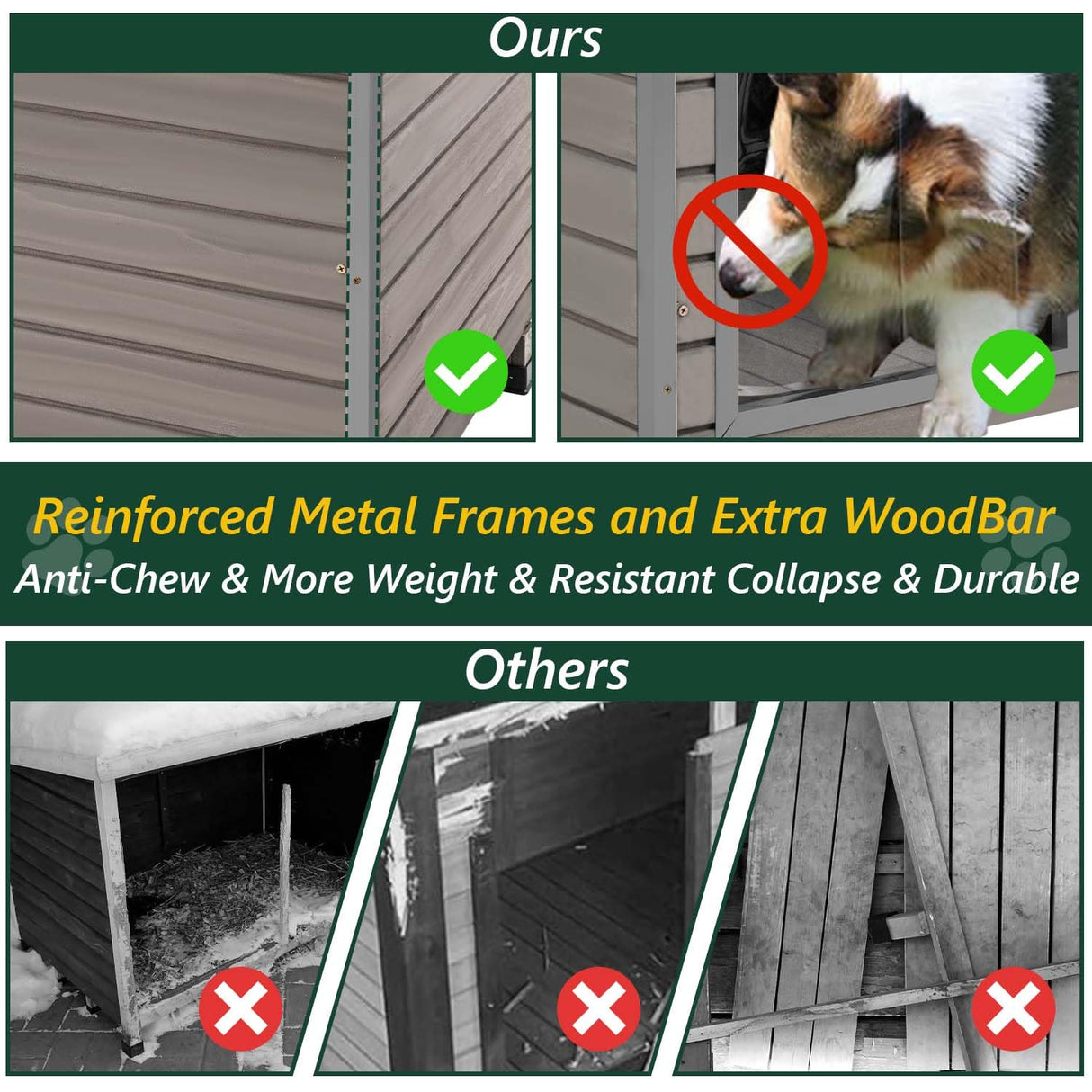 PetsCosset 43.3" L Dog House Outdoor for Large Breeds Dogs Anti Chewing Iron Frames Dog Kennel Wooden Pet Houses for Indoor Outdoor with Weatherproof Roof,6 Elevated Feet, Reinforced Bottom Support PetsCosset