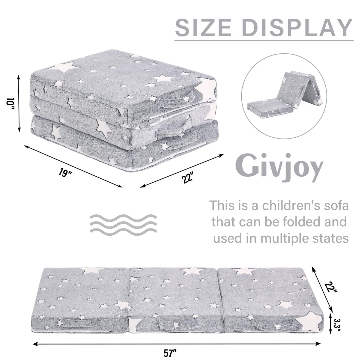 Givjoy Foldable Floor Mattress for Kids, Glow in The Dark Toddler Washable Tri Folding Floor Nap Mat for Sleeping Daycare, Child Trifold Futon Sofa Bed with Storage Bag for Girls and Boys Givjoy