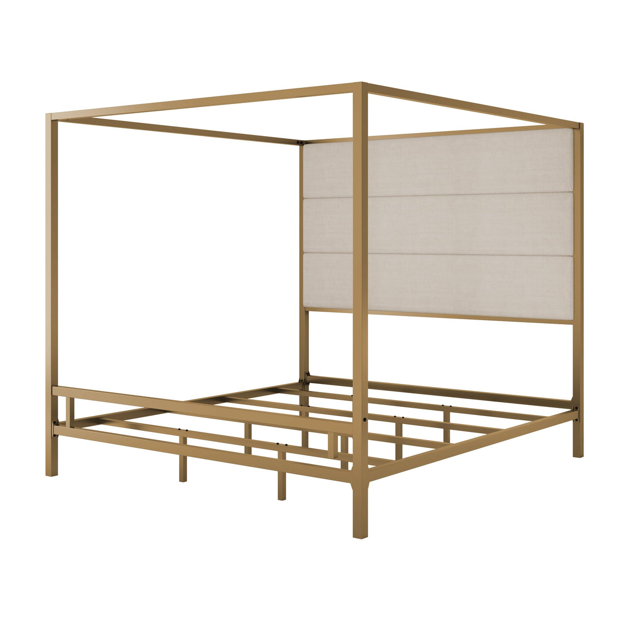 Modern 4-Poster Canopy Platform Bed King Size with Tall Upholstered Headboard, Metal Canopied Design Platform Bed Frame with Strong Slats Support (Gold+Tan-H) XD Designs