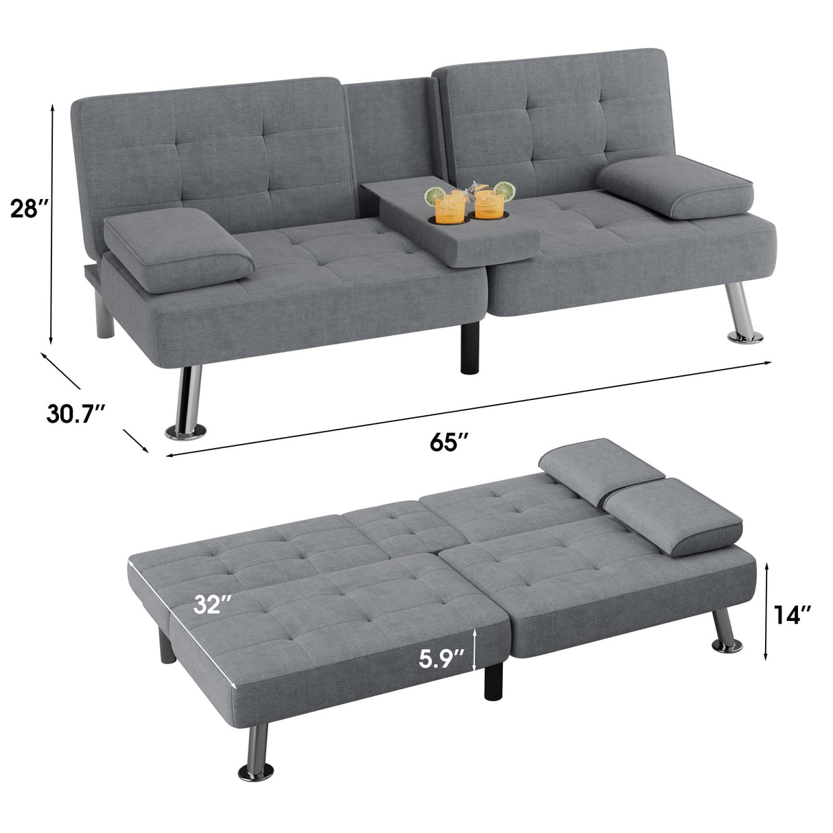 Flamaker Futon Sofa Bed Modern Folding Futon Set Linen Fabric Convertible Recliner Lounge for Living Room with 2 Cup Holders, Removable Armrests (Fabric, Grey) Flamaker