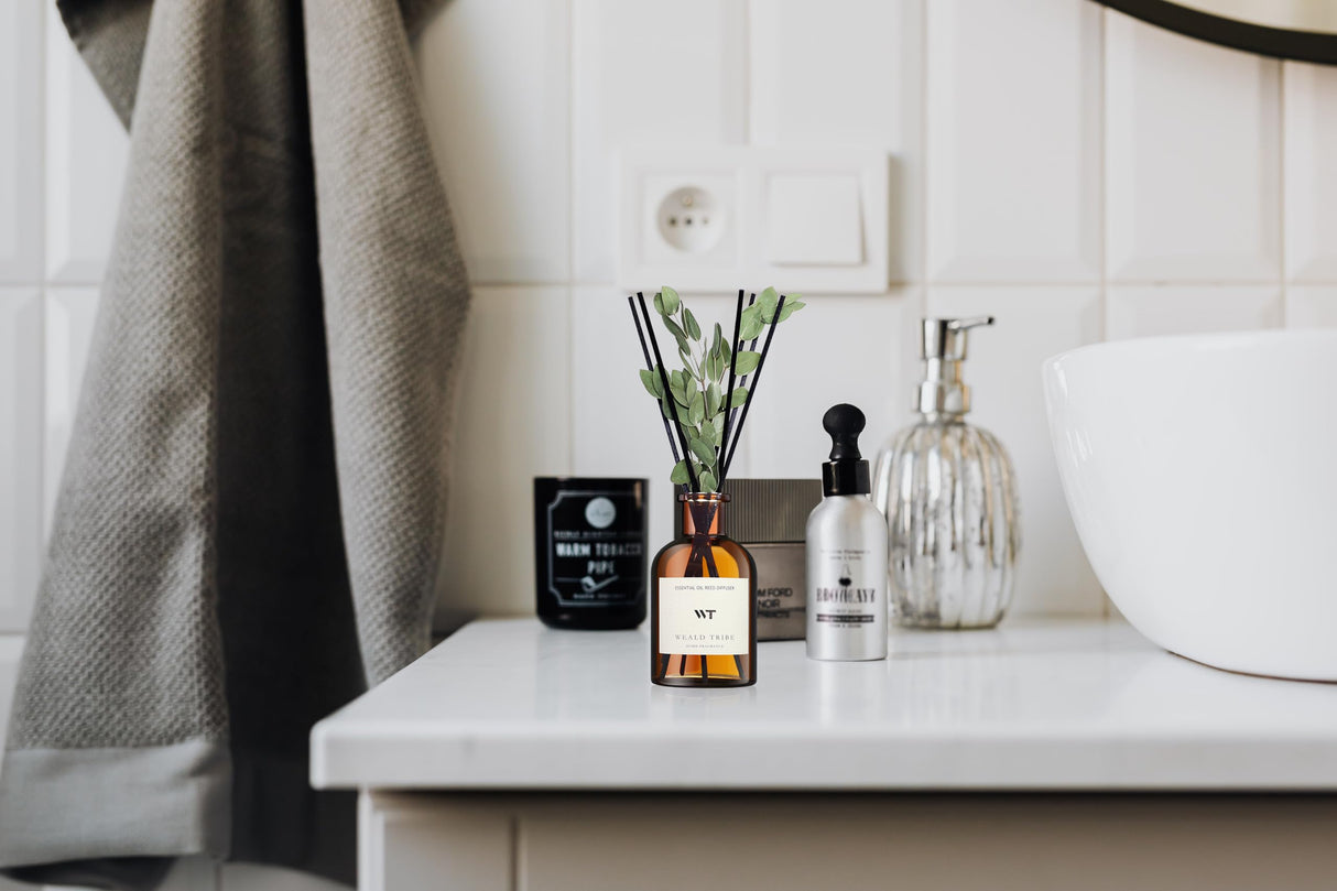 WEALD TRIBE Flower Reed Diffuser Set Eucalyptus & Lavender Scent For Bathroom Accessories Shelf Decor & Air Fresheners, Sticks Defusers With 4.0 fl oz Essential Oils, House Bedroom Office Decor & Gift WEALD TRIBE