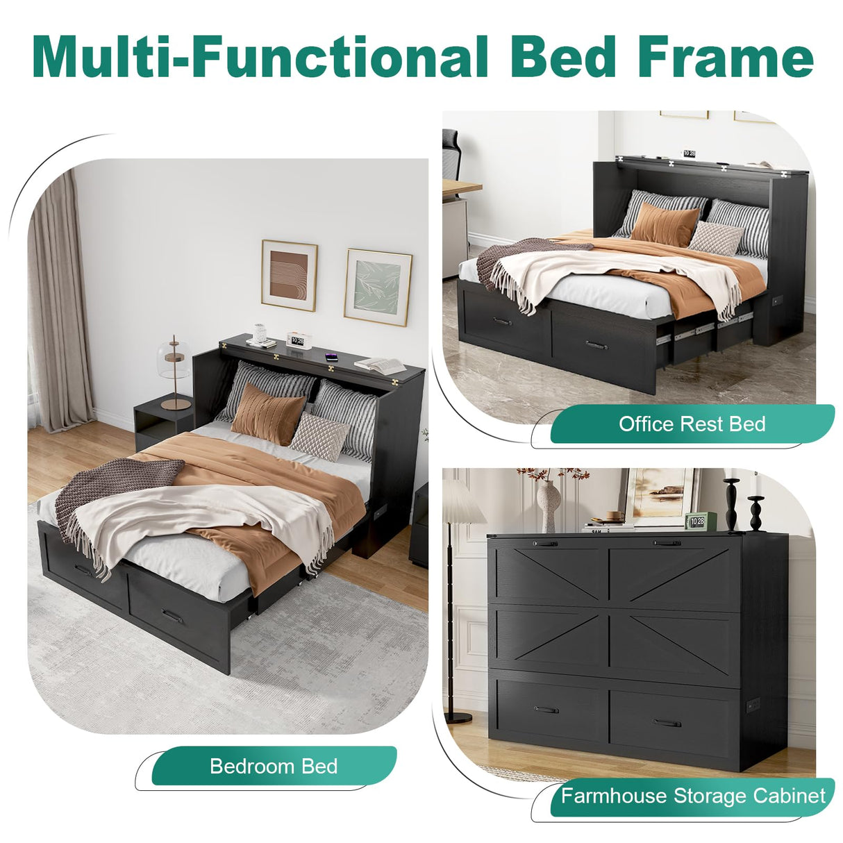 Hlivelood Full Size Murphy Chest Bed with Drawer and Charging Station, Farmhouse Wood Space-Saving Hidden Folding Bed Chest, Multifunctional Storage Cabinet Beds for Bedroom, Office, Black Hlivelood