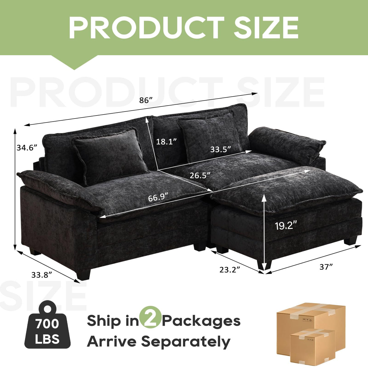 Oprisen Modular Sectional Sofa, Comfy Cloud Couch Sectional Sofa with Ottoman, Chenille Sofa Sleeper Deep Seat Sofa with Throw Pillows for Living Room (Black, 86"- L Shape) Oprisen
