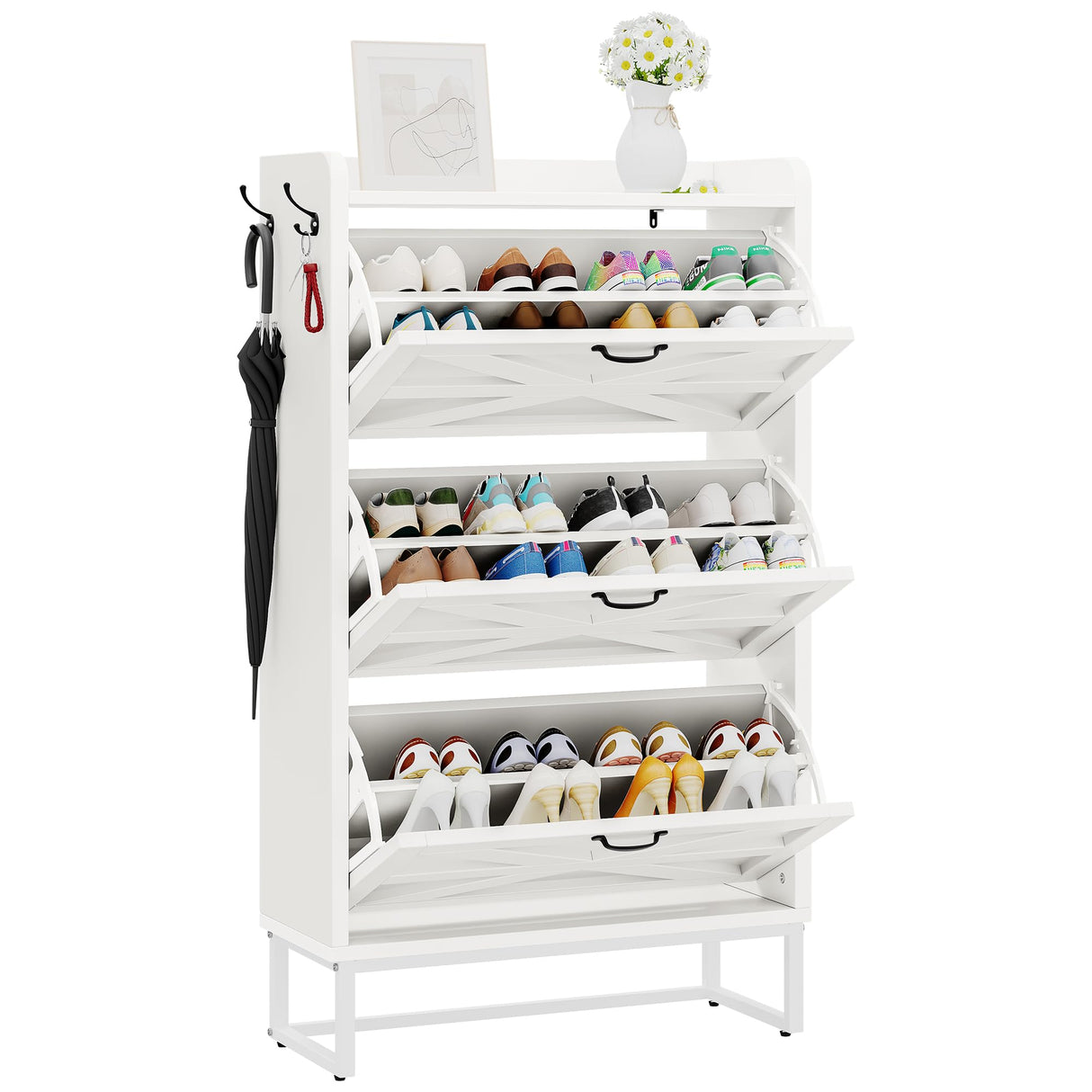 YITAHOME Farmhouse Shoe Storage Cabinet for 24 Pairs with 3 Flip Drawers, Narrow Slim Shoe Rack Cabinet for Hallway, Shoe Organizer for Entryway, Living Room (White) YITAHOME
