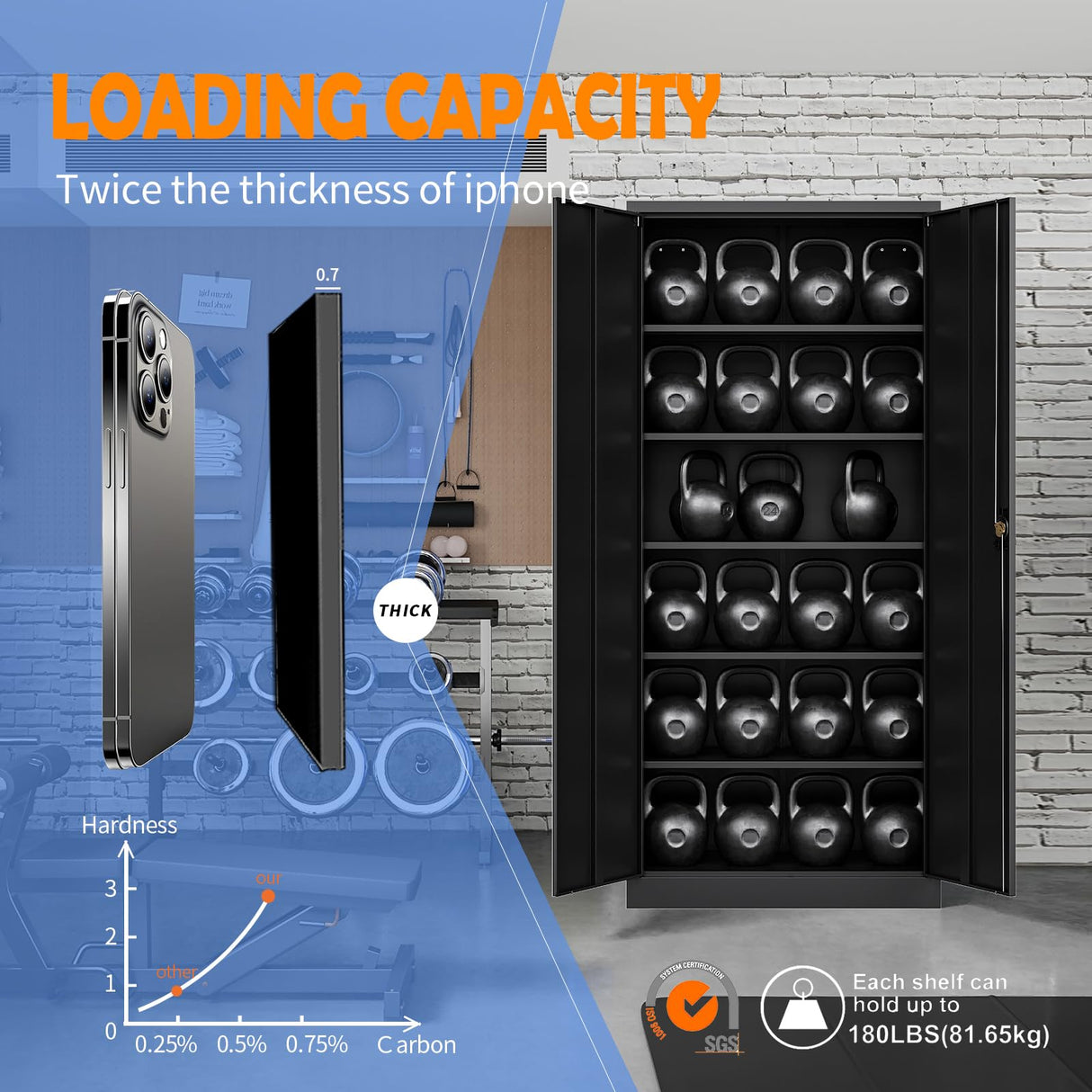 Yizosh Metal Garage Storage Cabinet with Lock, 72" Locking Tool Cabinet with 2 Doors and 5 Shelves, Tall Steel Cabinet for Garage, Heavy Duty File Cabinet for Office, School (Black) Yizosh