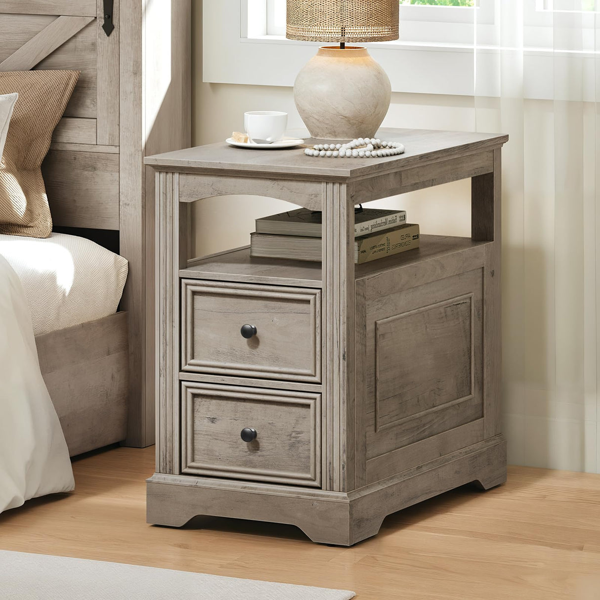RALGEND Farmhouse End Table with 2 Drawers, Narrow Sofa Side Table with Storage and Open Shelf, Wooden Nightstand for Small Spaces, Bedroom, Living Room, Greige RALGEND