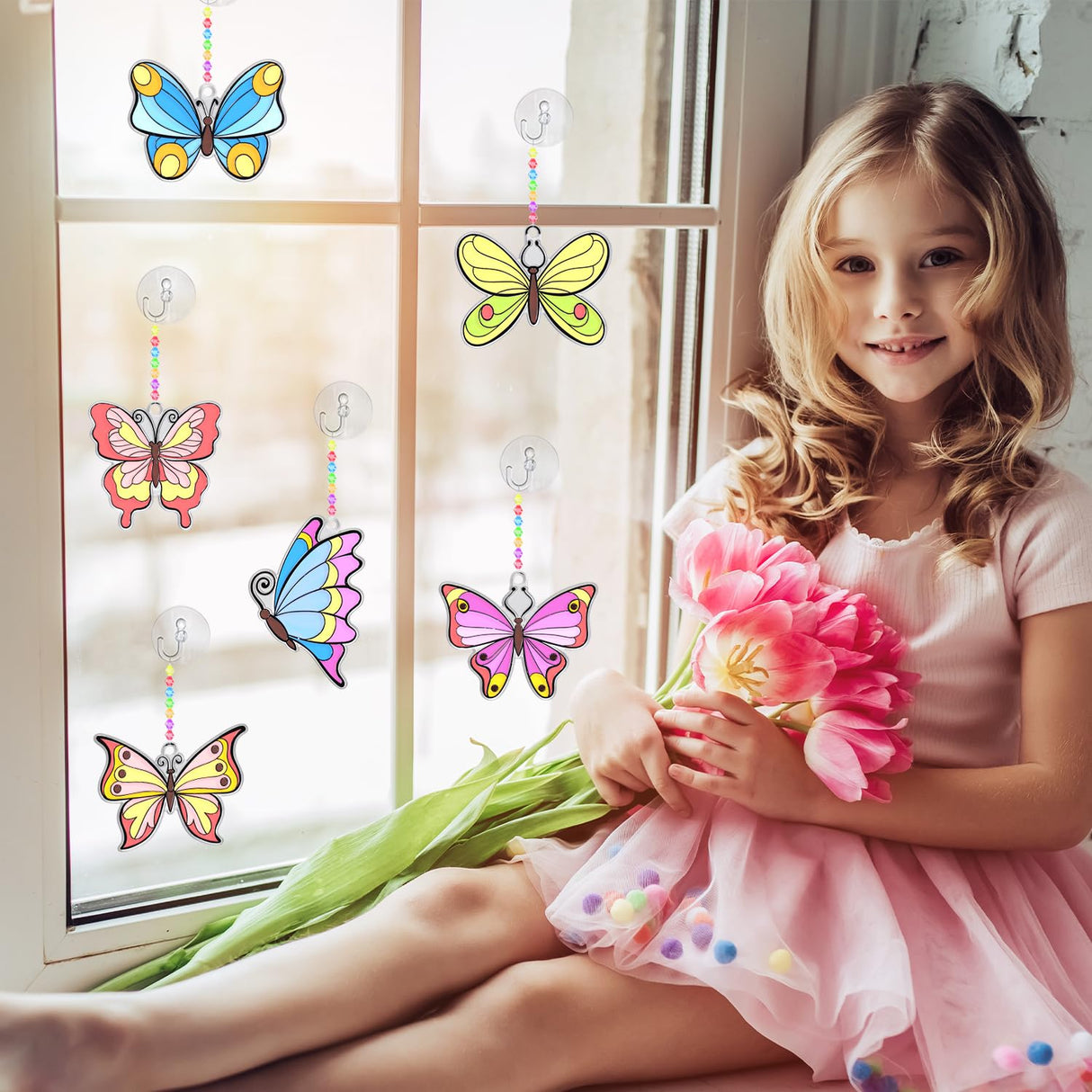 Fprl 27 Sets DIY Window Paint Art Suncatchers Craft Kits Butterfly Ornaments Decorations Suncatcher Kit for Classroom Home Easter Activity Gift Project Fprl