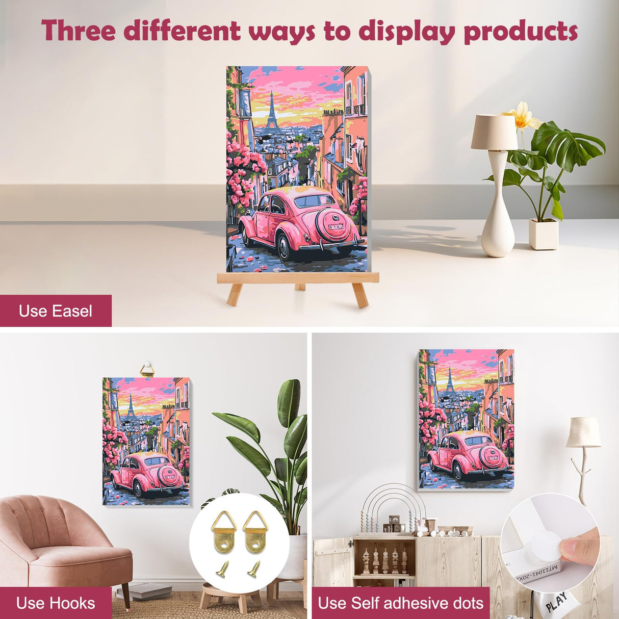 MOGTAA Pink Car Paint by Numbers Kit for Adults Beginners with Frame, Flowers Adult Paint by Number Kits on Canvas with Easel, Easy DIY Oil Painting Kits for Home Decor, 8x12in MOGTAA