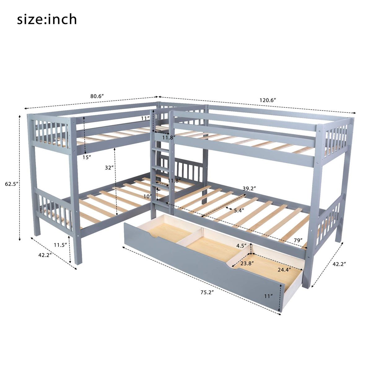 MERITLINE L-Shaped Bunk Beds for 4, Twin Over Twin Bunk Beds with Storage Drawers, Solid Wood Quad Bunk Beds for Kids, Teens, Girls,Boys, Grey MERITLINE