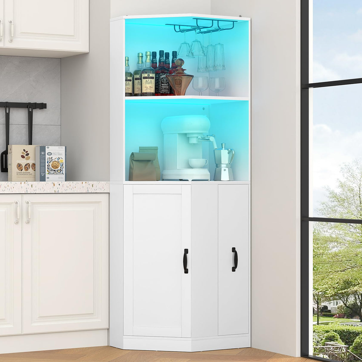 Bigbiglife 71" Corner Bar Cabinet with Power Outlet, Home Bar with LED Light and Glass Holder, Liquor Cabinet Bar Unit with Drawer for Home, Corner Display Cabinet for Living Room, Dining Room Bigbiglife