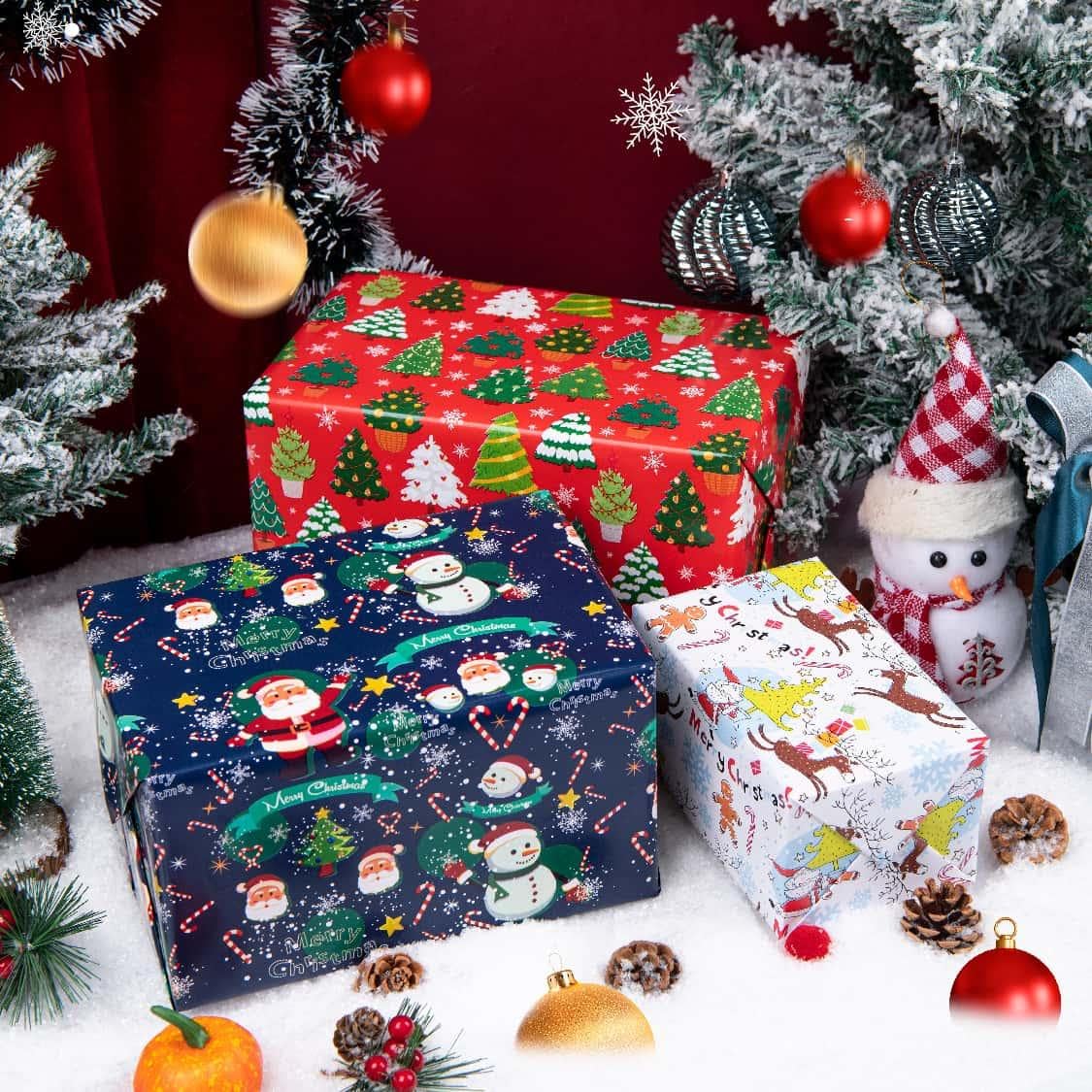 Linnoptimix Christmas Wrapping Paper Rolls -3 LARGE ROLL-27inch*78 inch per roll Colorful Foil Red White Blue wrapping paper(Christmas White/Red/Blue(005)) Linnoptimix