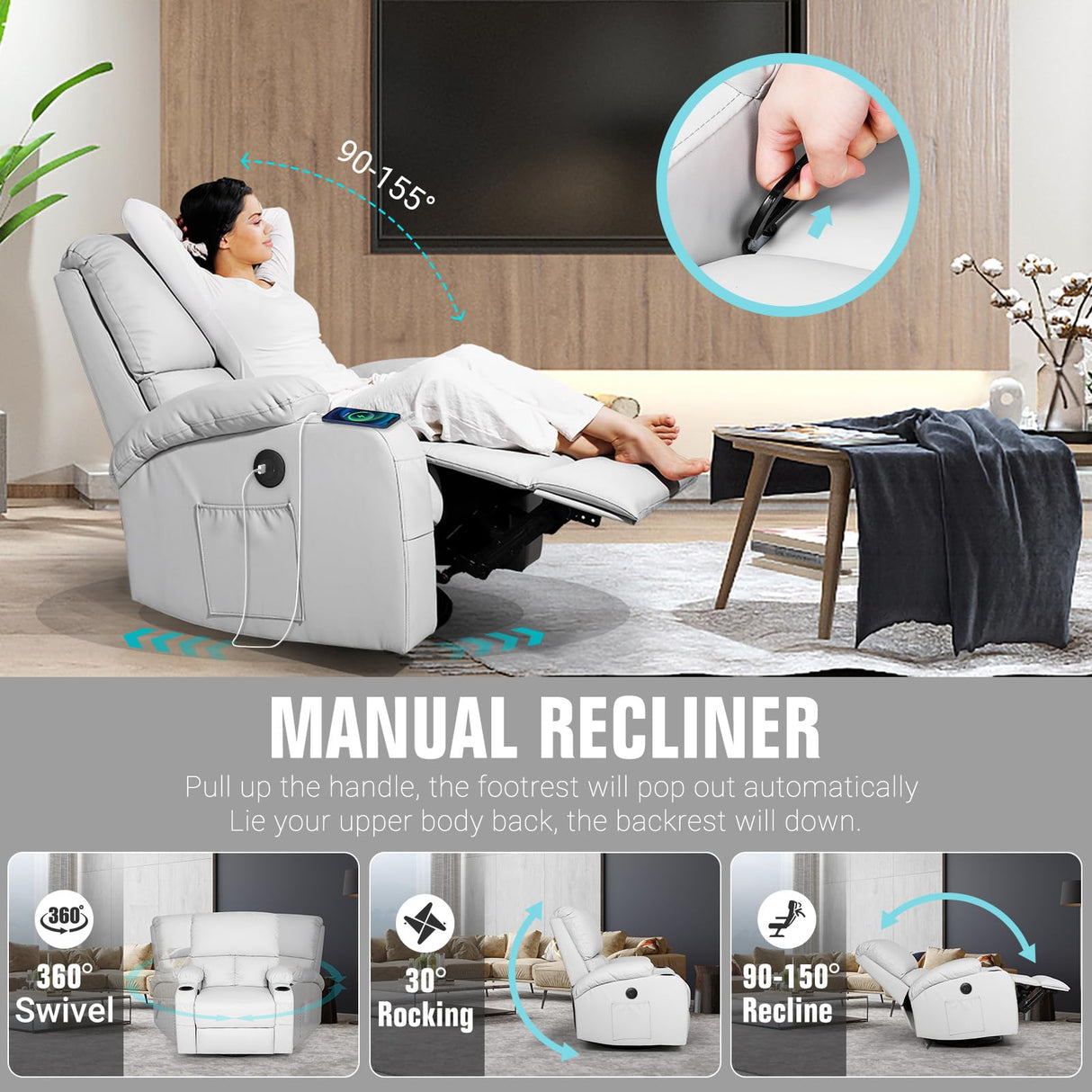 Rocking Recliner Chair, Massage Rocker Recliner Chair with Vibration Massage and Heat, USB and Type-C Ports,360° Swivel Faux Leather Chairs, Living Room, Bedroom, Nursery, RV, Light Grey LEVELEVE
