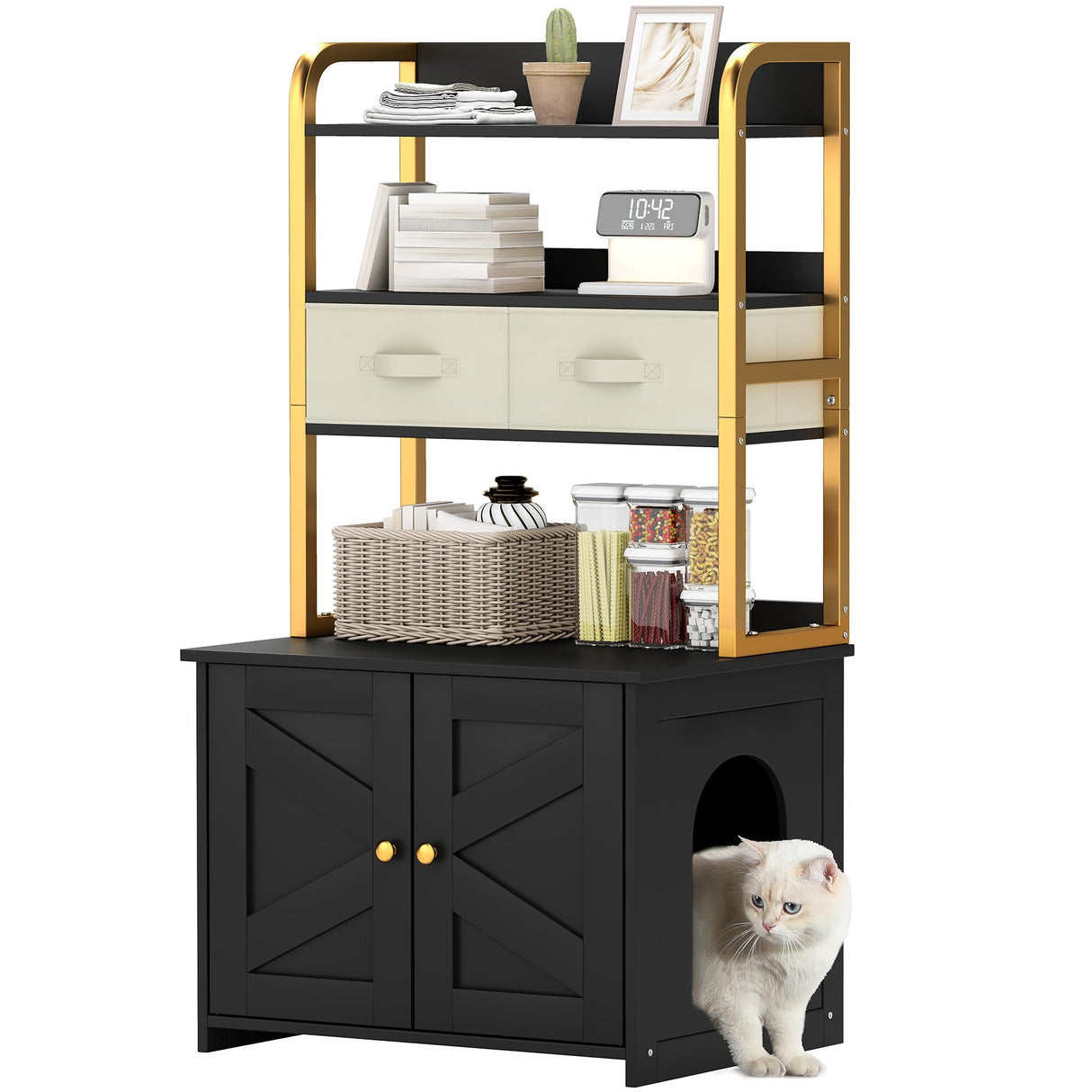 YITAHOME 27" Cat Litter Box Enclosure with Storage Shelves, Large Hidden Cat Litter Box Furniture with 2 Drawers & Soft Cusion, Wooden Hidden Cat Cabinet Washroom Corner, Black YITAHOME