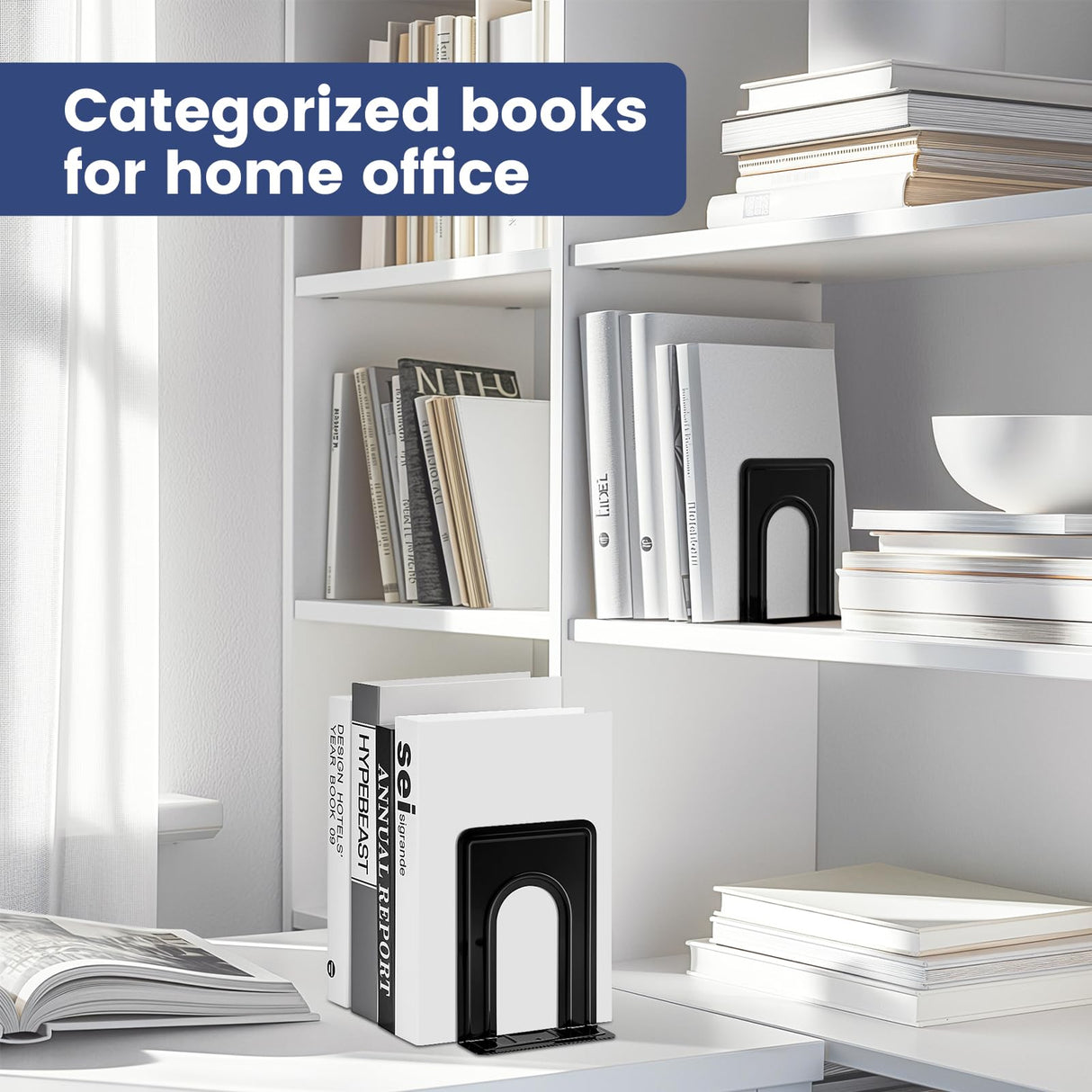 HappyHapi Book Ends, Book Ends Metal Bookends for Shelves,14 Pcs Book End to Hold Books Heavy Duty,Black Non-Skid Bookend,Book Holder Stopper for Shelf Office Home,6.5 x 5.7 x 4.9(7 Pairs, Large) HappyHapi