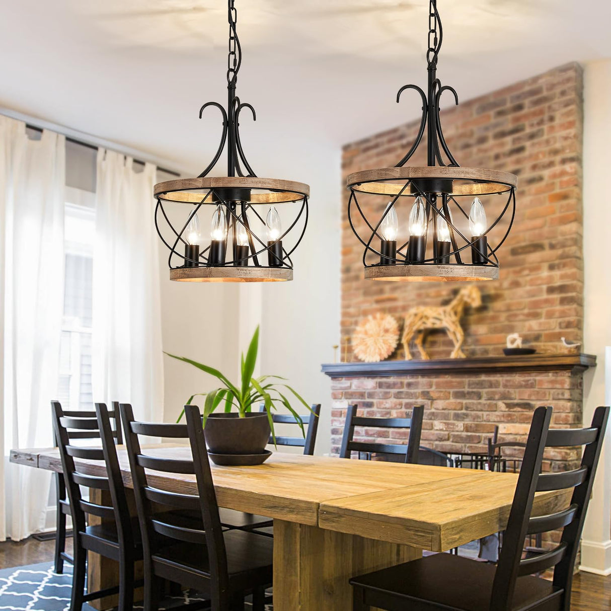 UOFUS 4-Light Farmhouse Wood Chandelier Rustic Drum Hanging Pendant Lighting French Country Industrial Candle Chandelier Light Fixture for Dining Room Kitchen Living Room Entryway Office UOFUS