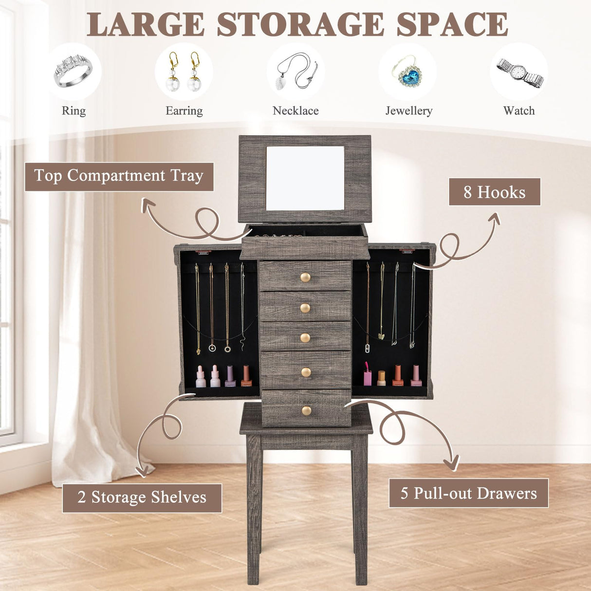 GOFLAME Standing Jewelry Armoire, Jewelry Storage Cabinet with Flip Top Makeup Mirror, 5 Drawers, 2 Side Doors, 8 Necklace Hooks, Solid Wood Legs, GOFLAME