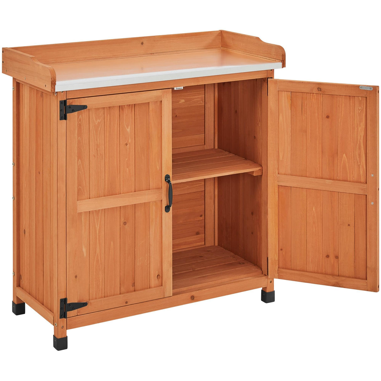 Topeakmart Potting Bench Table - Wooden Storage Cabinet with Removable Shelf & Flexible Space & Metal-plated Tabletop for Outdoor Garden Patio,Brown Topeakmart