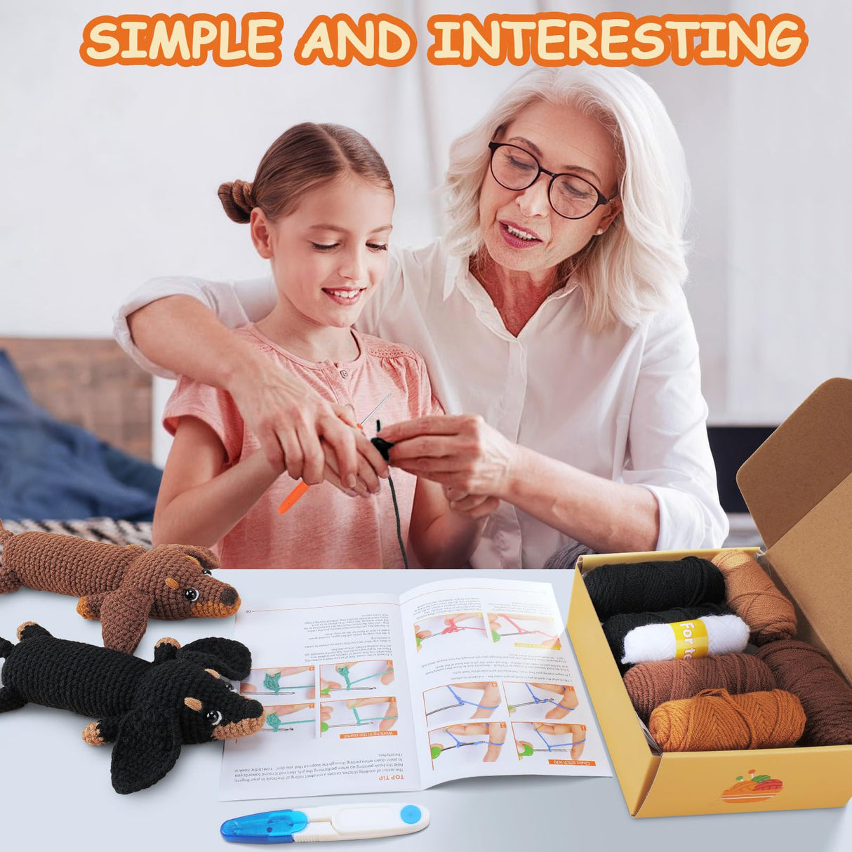 Crochet Kit for Beginners - 2 PCS Dachshund Crochet Kits with Step-by-Step Video Tutorials, Beginner Crochet Kit for Adults, Crochet Animal Kit for Kids, Dog Crocheting Set (Brown & Black) Fortuning's JDS
