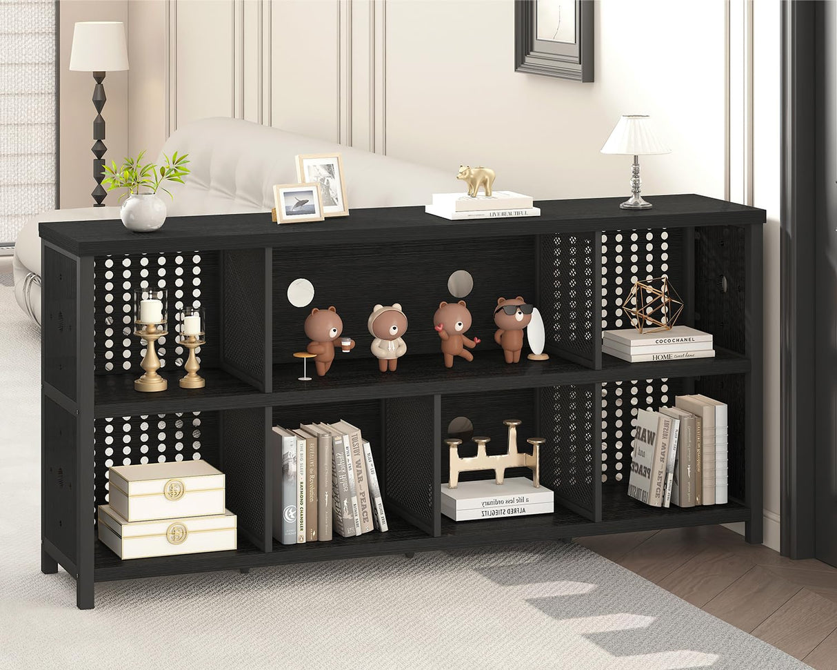 LVB Black Horizontal Bookshelf, Modern Cube Storage Organizer Bookcase, Industrial Wide Long Wood Metal Book Shelf, Farmhouse Low Large Cube Shelf for Office Home Bedroom Living Room, Black Oak, 63 In LVB