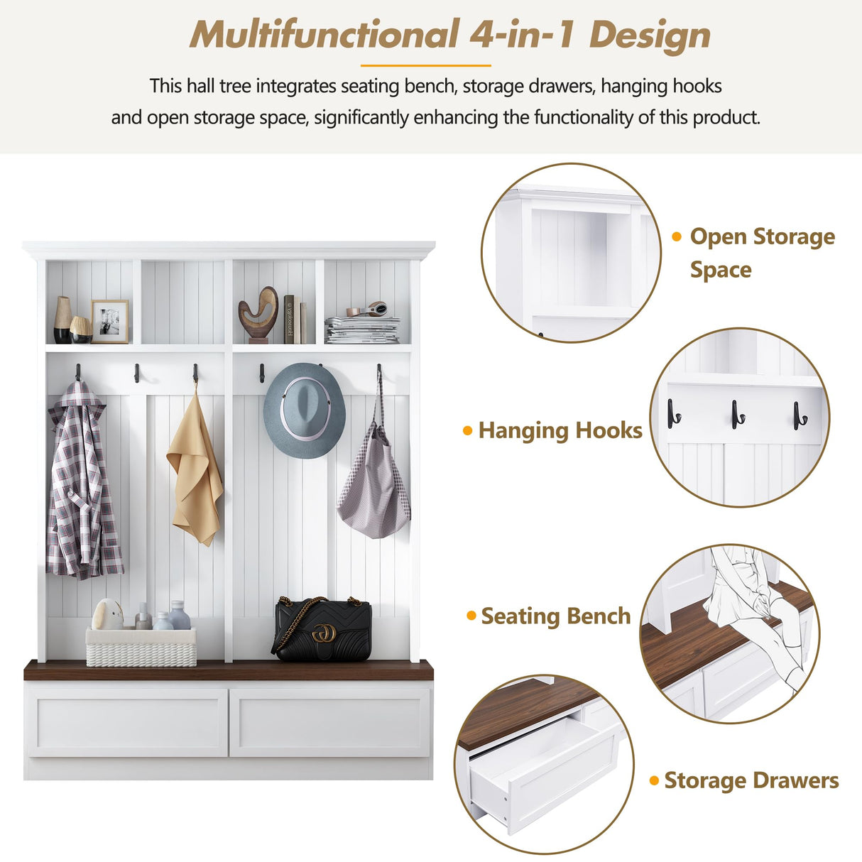 Merax Wood Hall Tree with 6 Hooks & Entryway Bench, Farmhouse Mudroom Versatile Coat Racks with 2 Large Drawers, Entrance Organizer for Hallway, White Merax