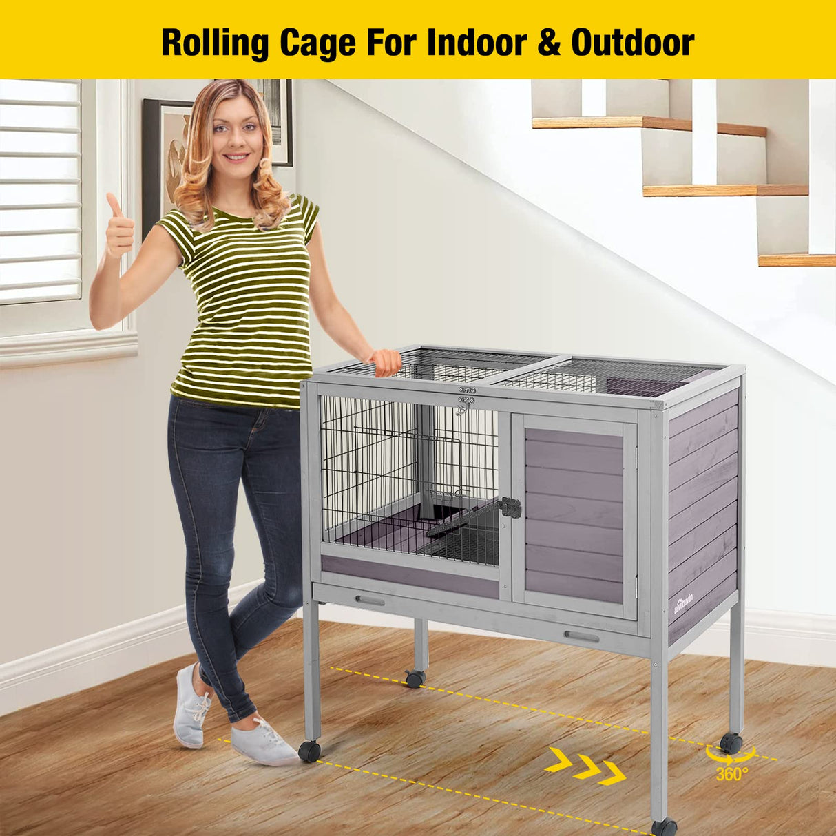 Aivituvin Rabbit Hutch Indoor Bunny Cage Wooden Guinea Pig House with Wire Floor, Wheels, Leak-Proof Tray 35in Aivituvin